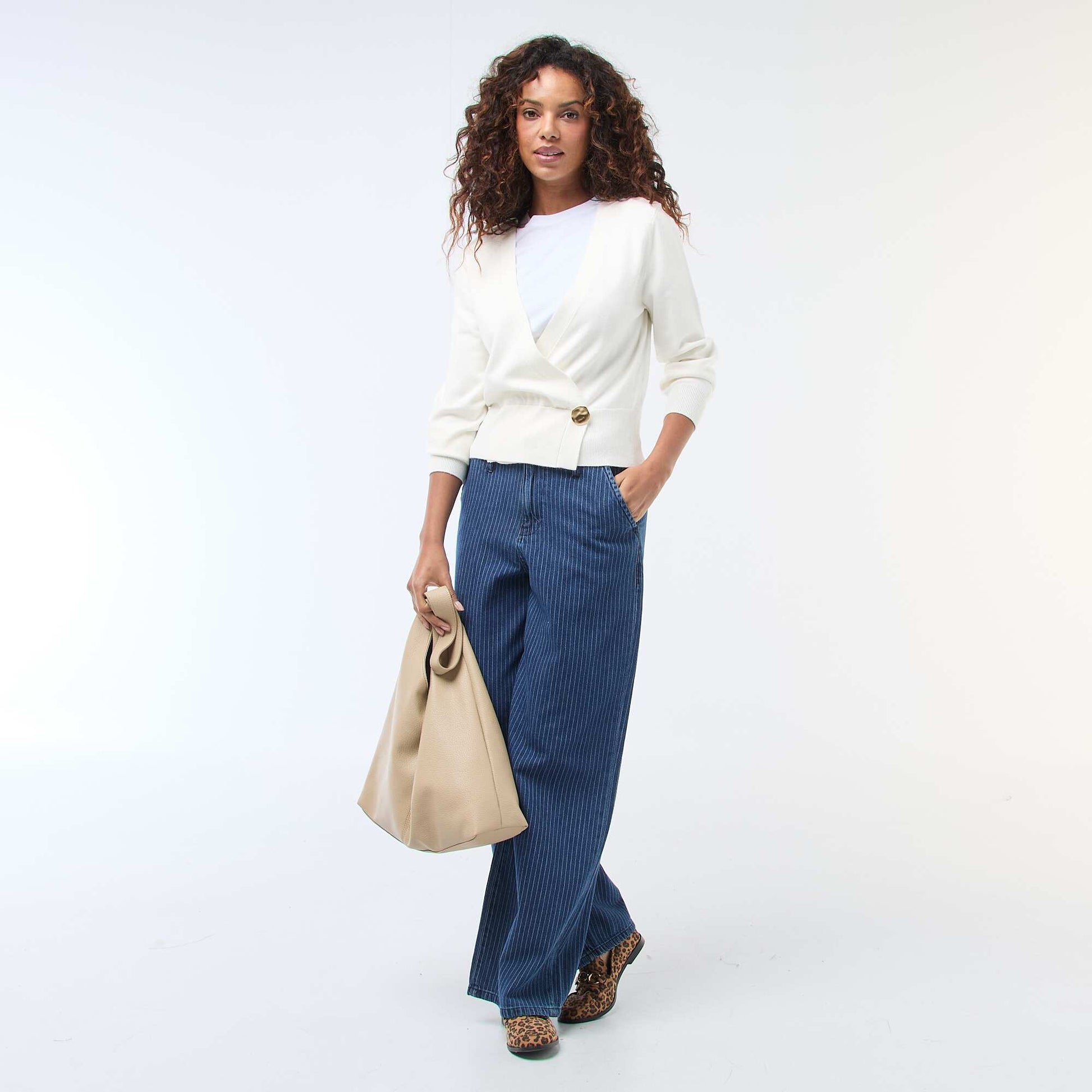 Cardigan-Effect Wrap Sweater with Gold Button WHITE