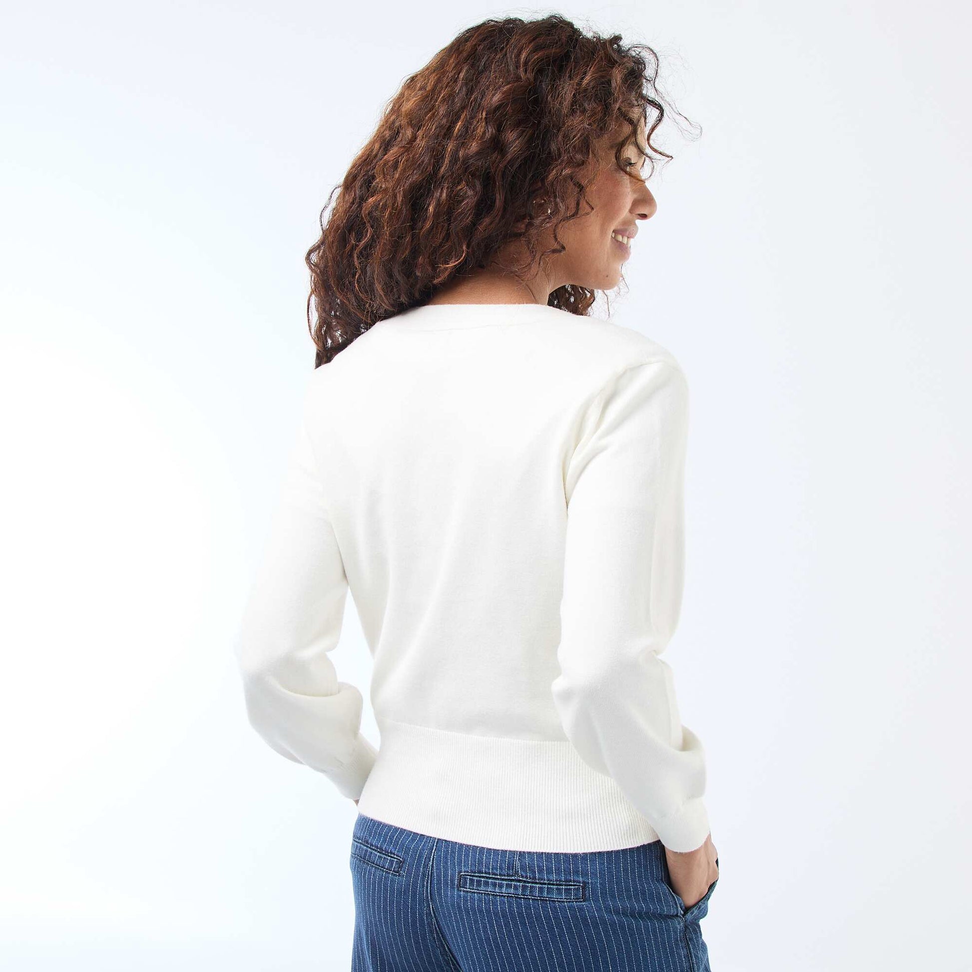 Cardigan-Effect Wrap Sweater with Gold Button WHITE