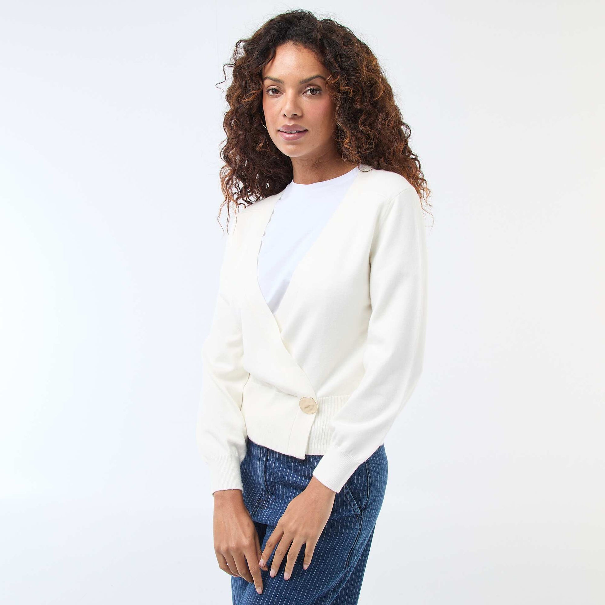 Cardigan-Effect Wrap Sweater with Gold Button WHITE