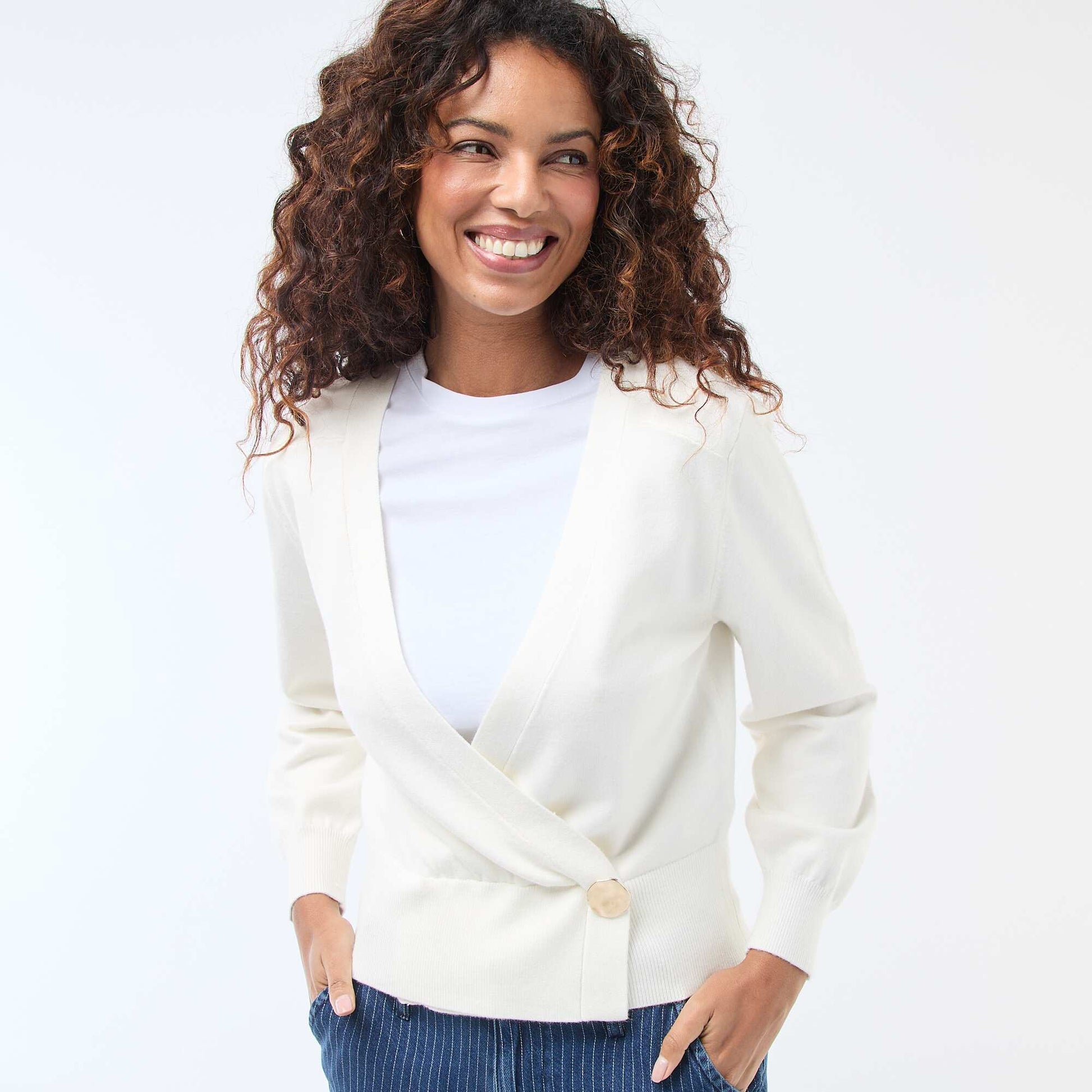 Cardigan-Effect Wrap Sweater with Gold Button WHITE