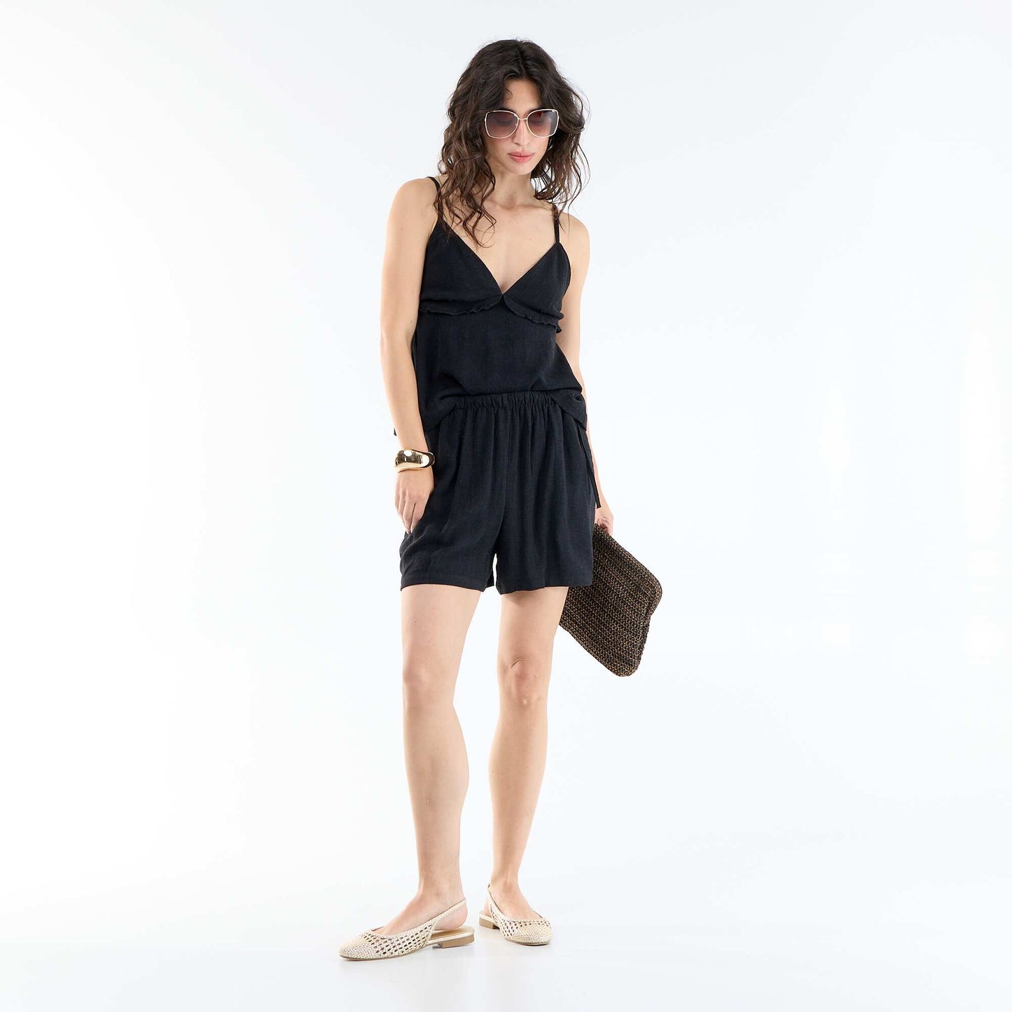 Solid Blended Linen Shorts BLACK