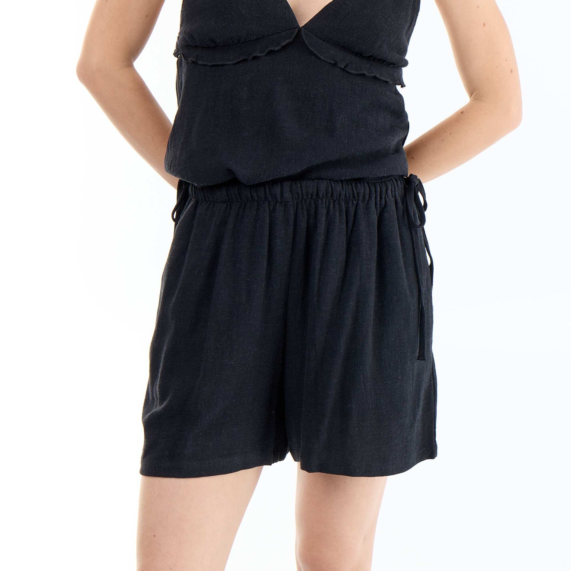 Solid Blended Linen Shorts BLACK
