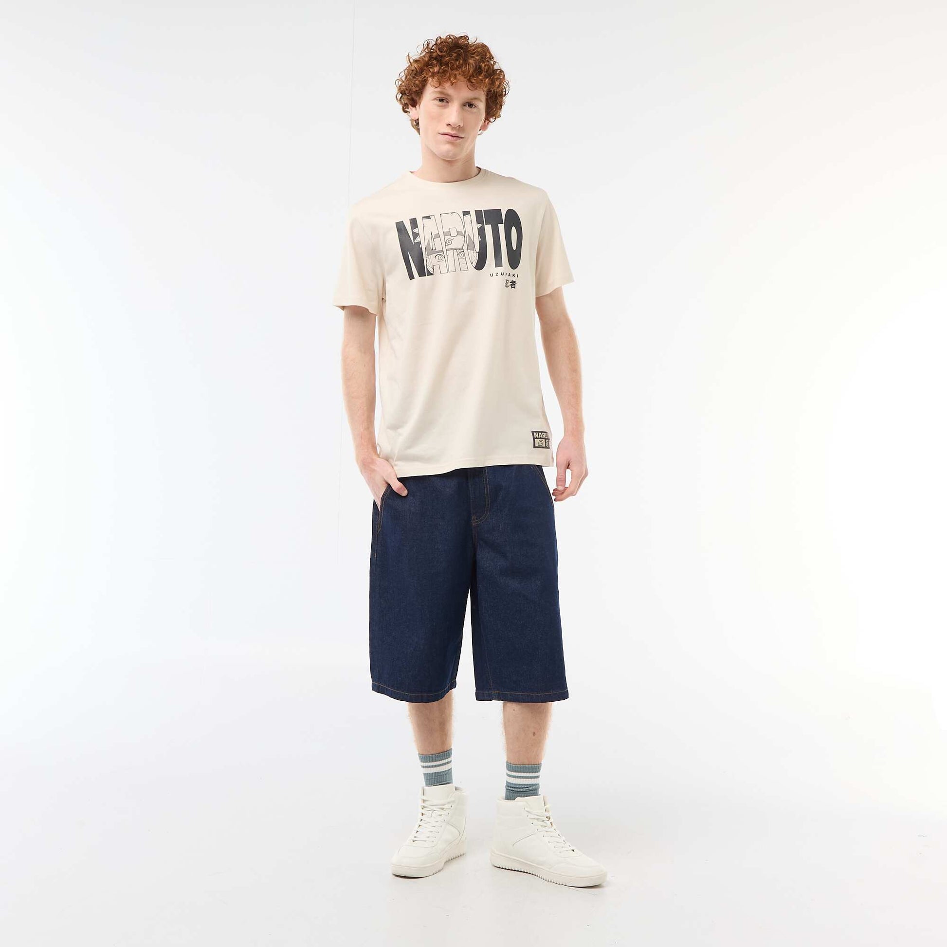Solid Cotton 'Naruto' Print T-Shirt BEIGE