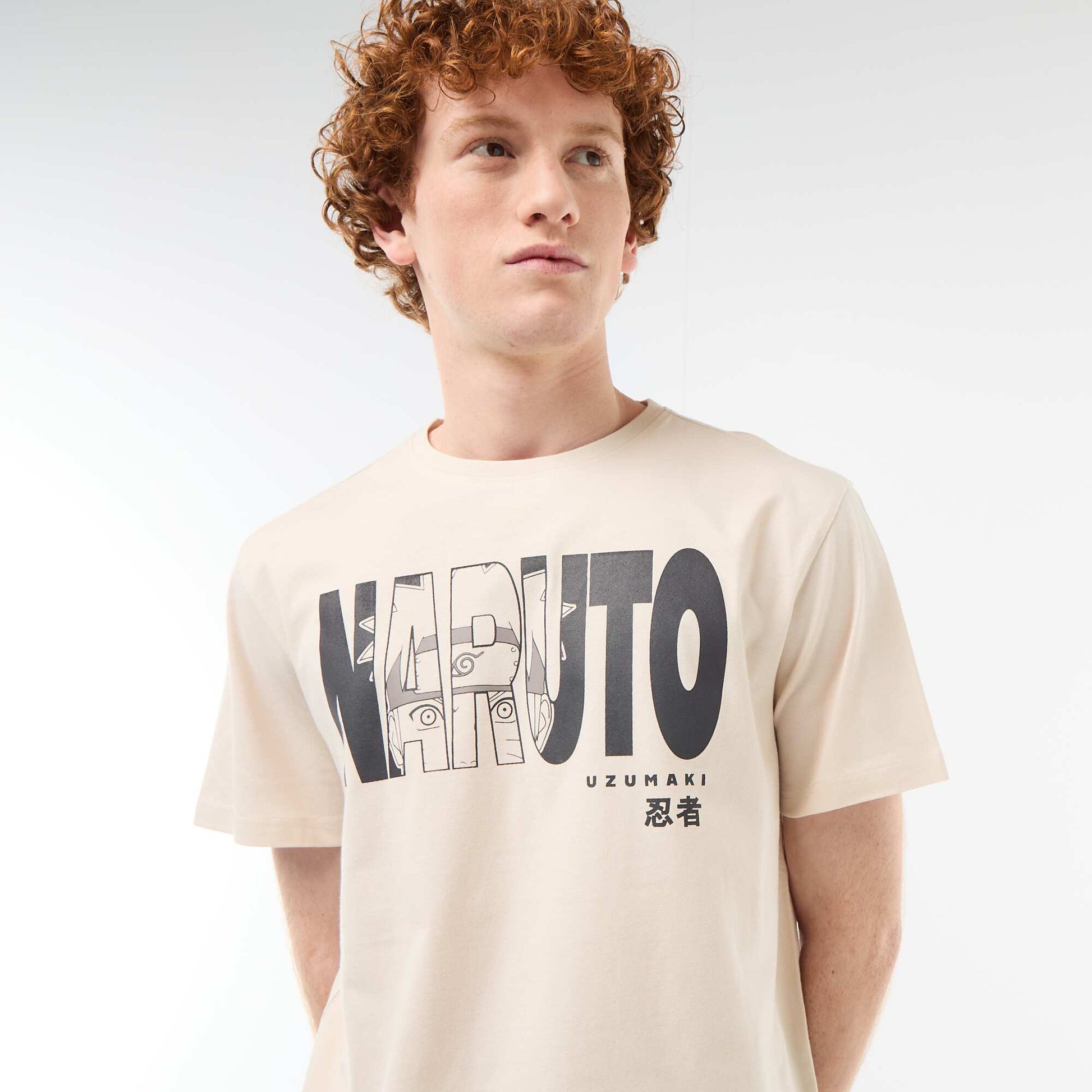 Solid Cotton 'Naruto' Print T-Shirt BEIGE