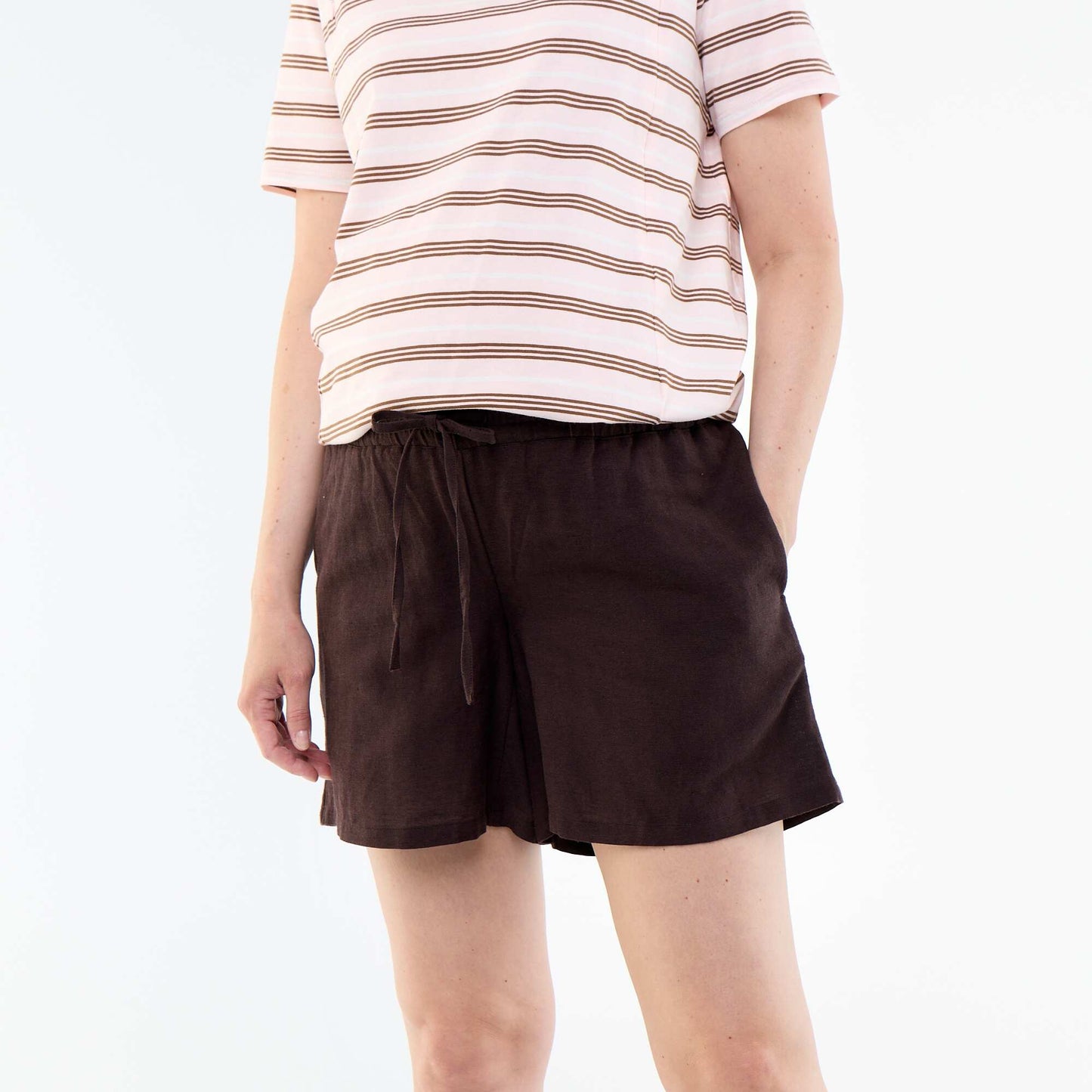 Printed linen maternity shorts BROWN
