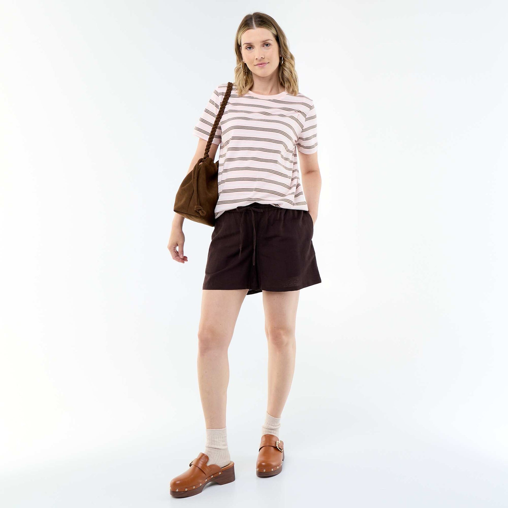 Printed linen maternity shorts BROWN
