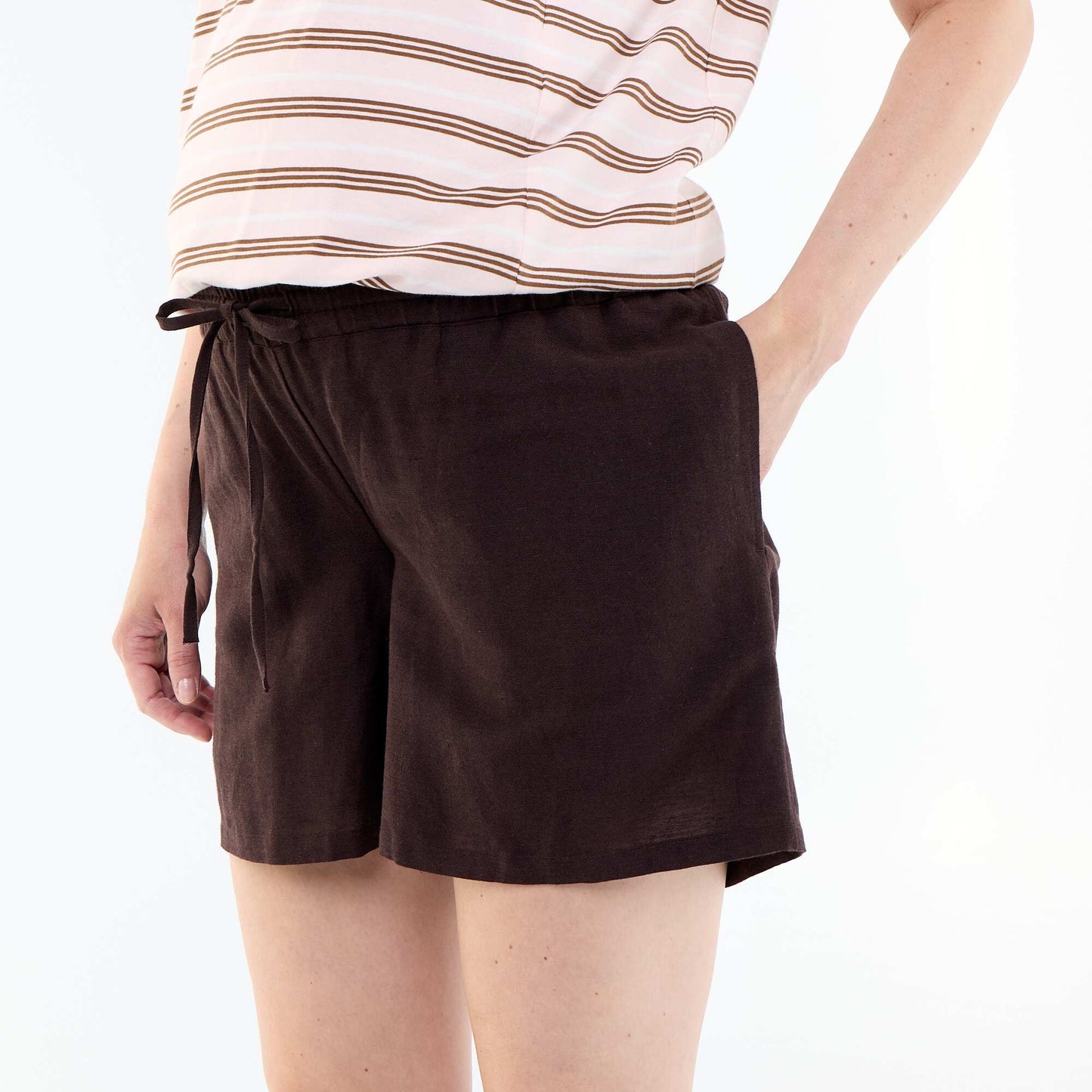 Printed linen maternity shorts BROWN