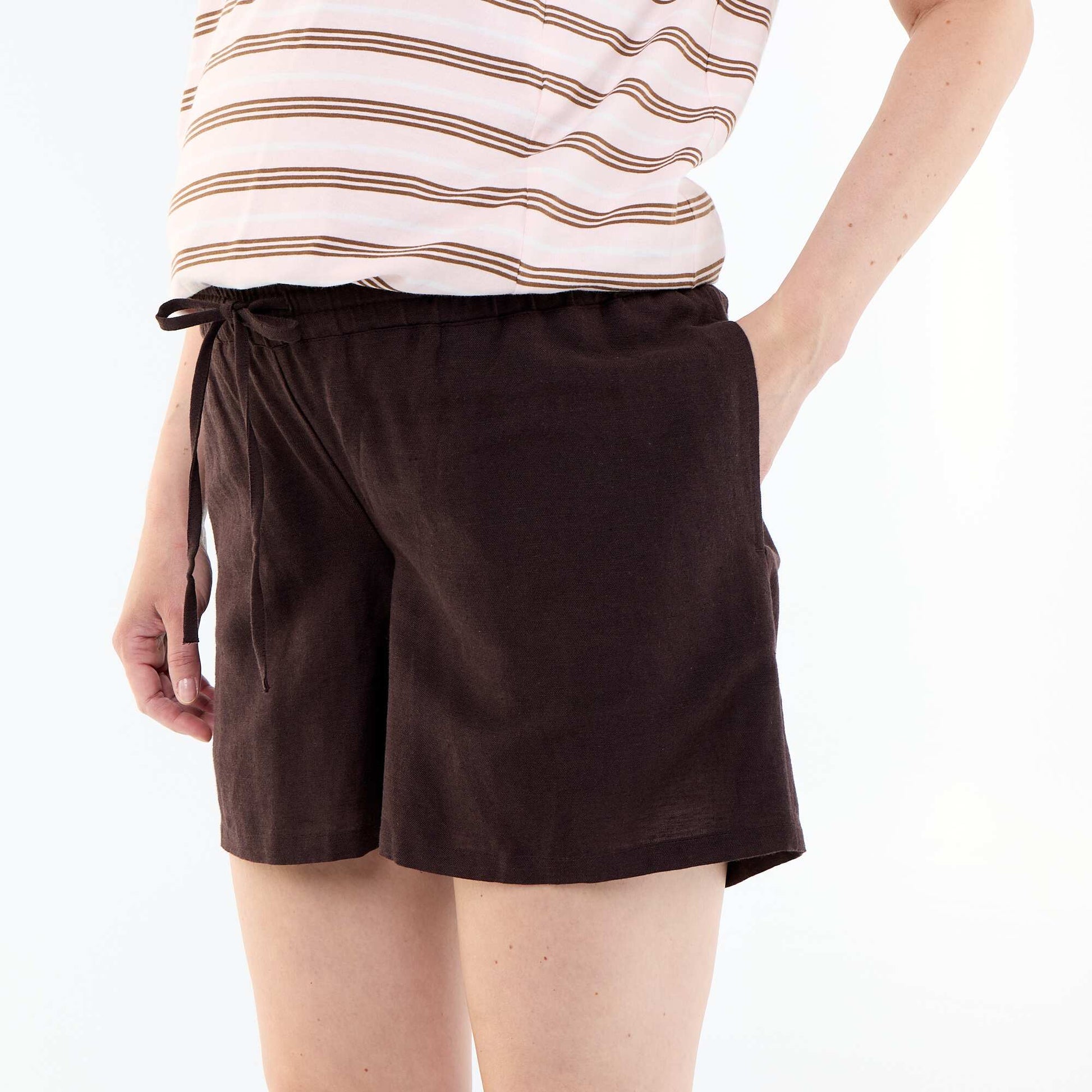 Printed linen maternity shorts BROWN