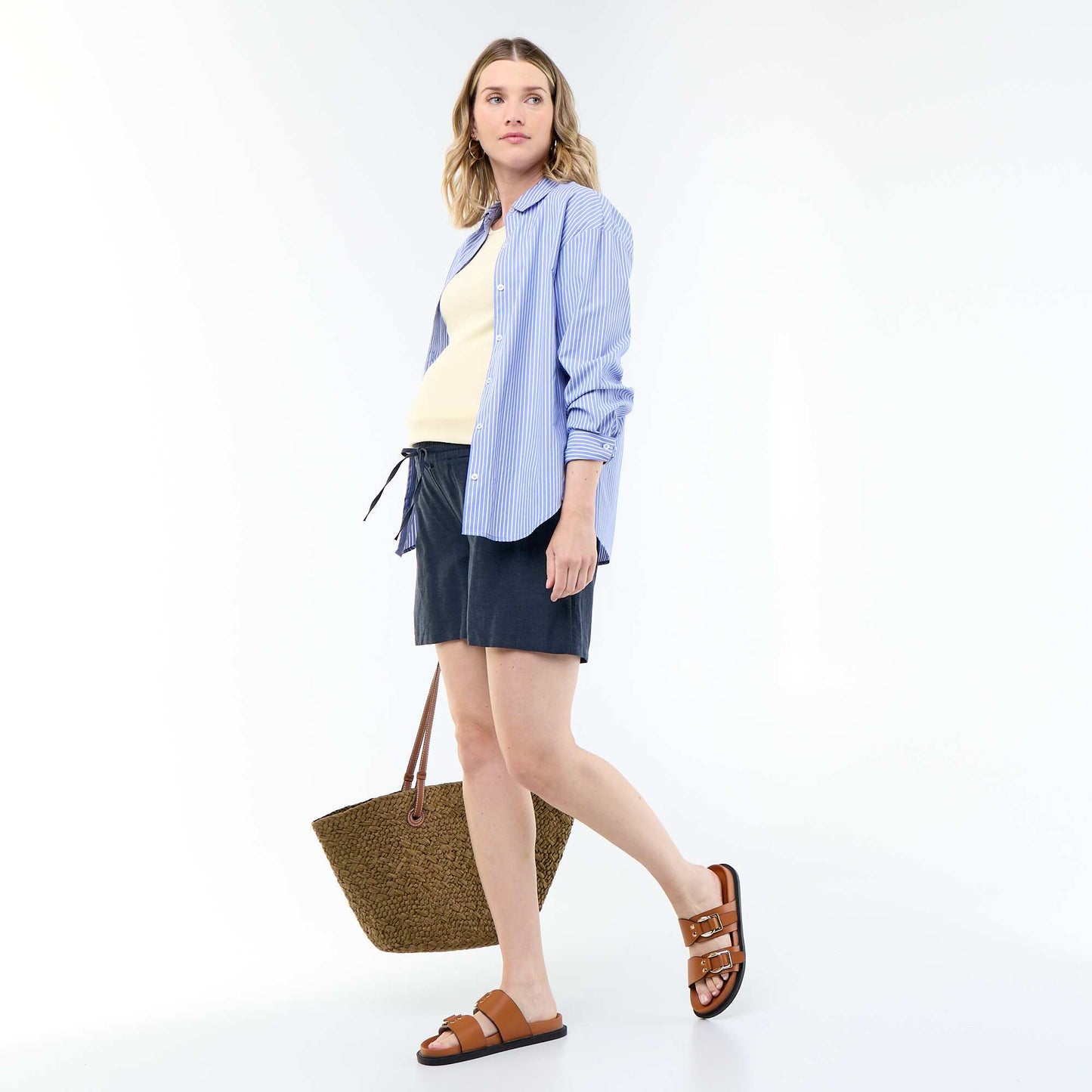 Printed linen maternity shorts BLUE