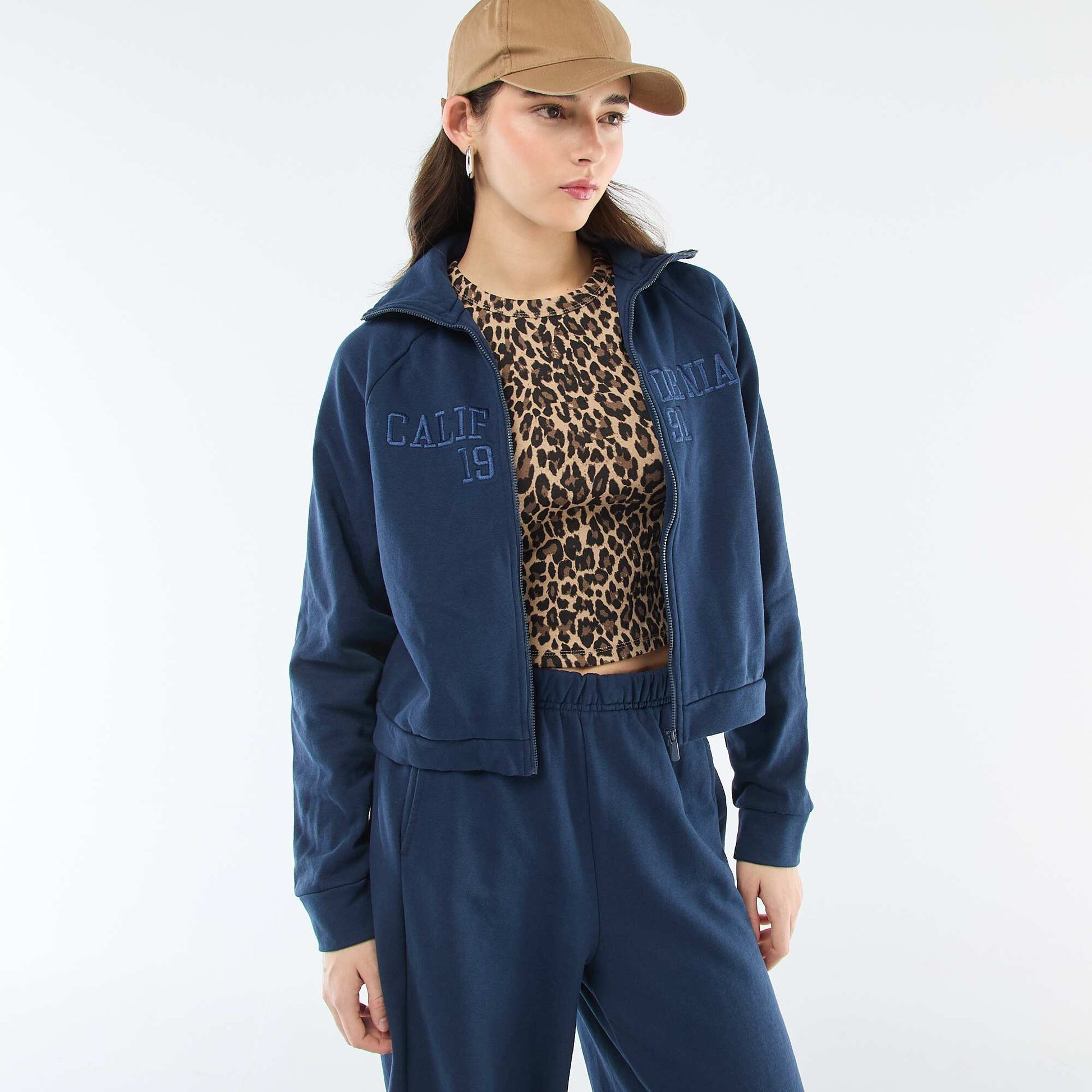 Embroidered Message Cropped Zip-Up Sweatshirt BLUE