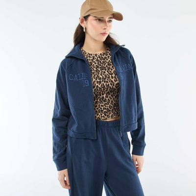 Embroidered Message Cropped Zip-Up Sweatshirt BLUE