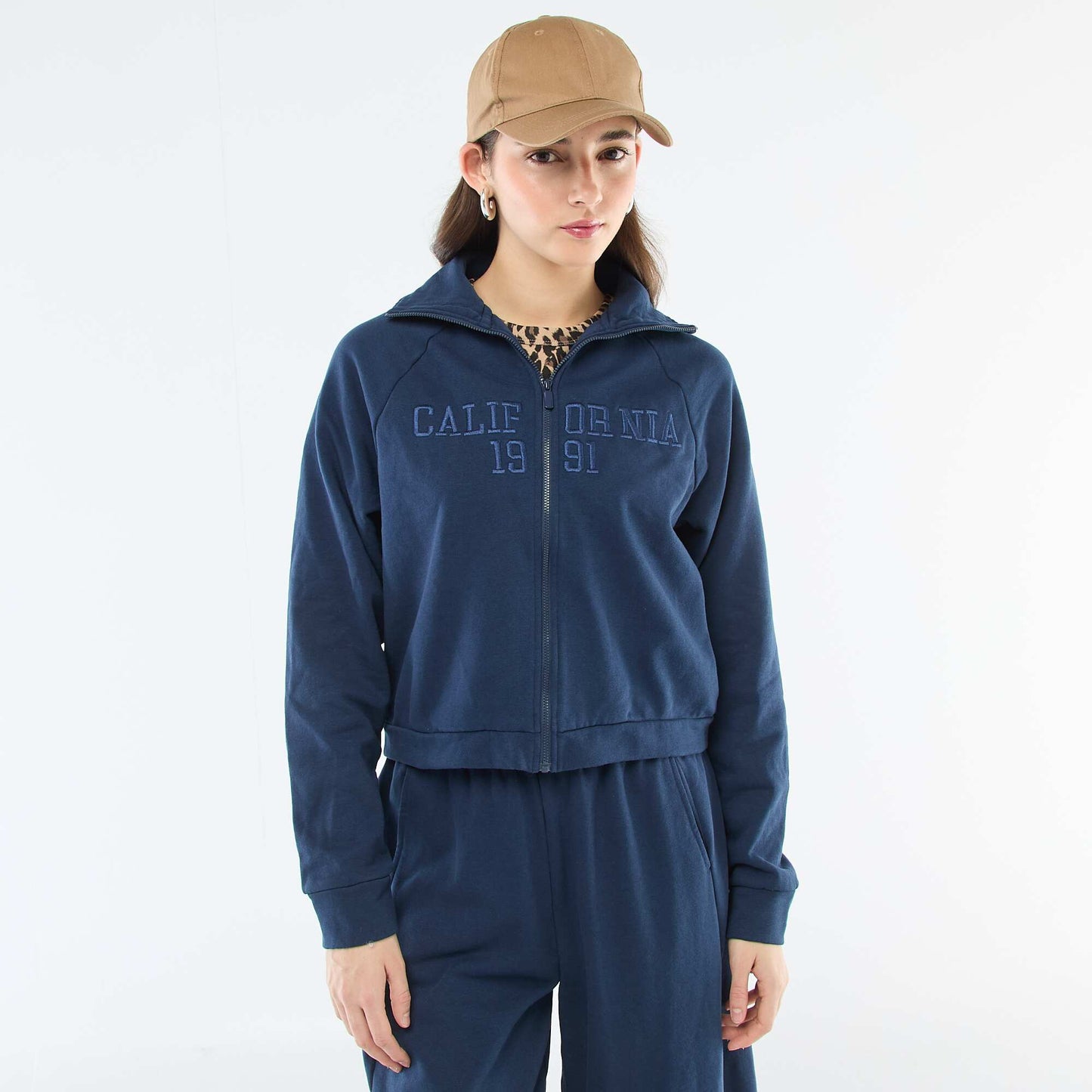 Embroidered Message Cropped Zip-Up Sweatshirt BLUE