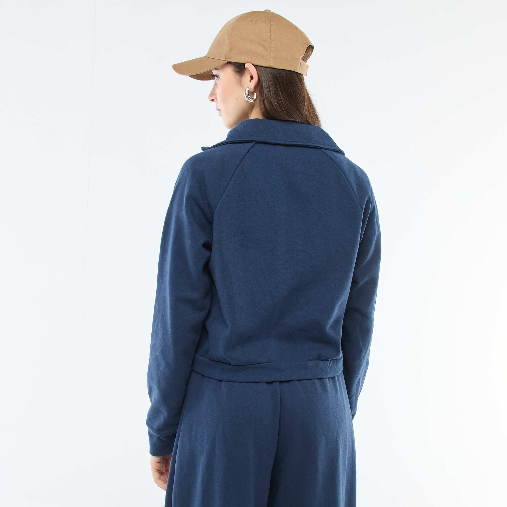 Embroidered Message Cropped Zip-Up Sweatshirt BLUE