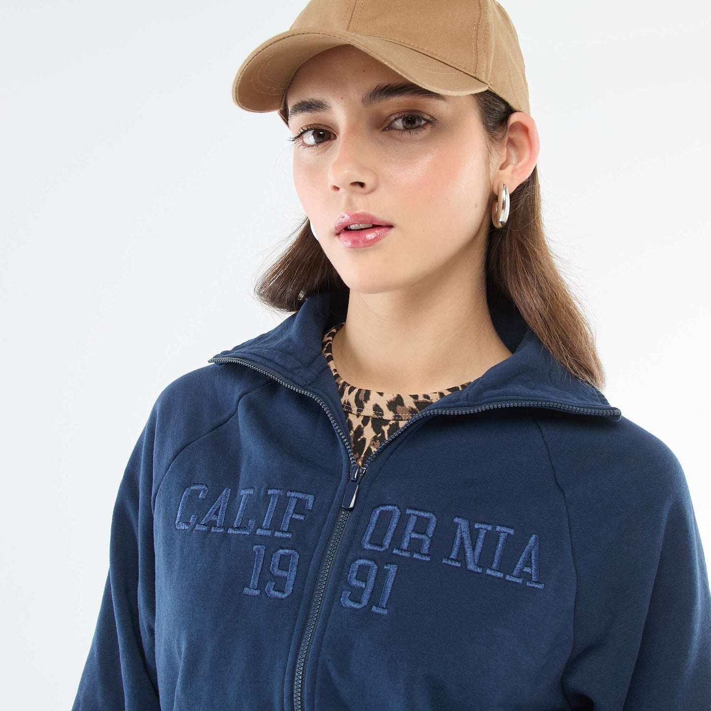 Embroidered Message Cropped Zip-Up Sweatshirt BLUE