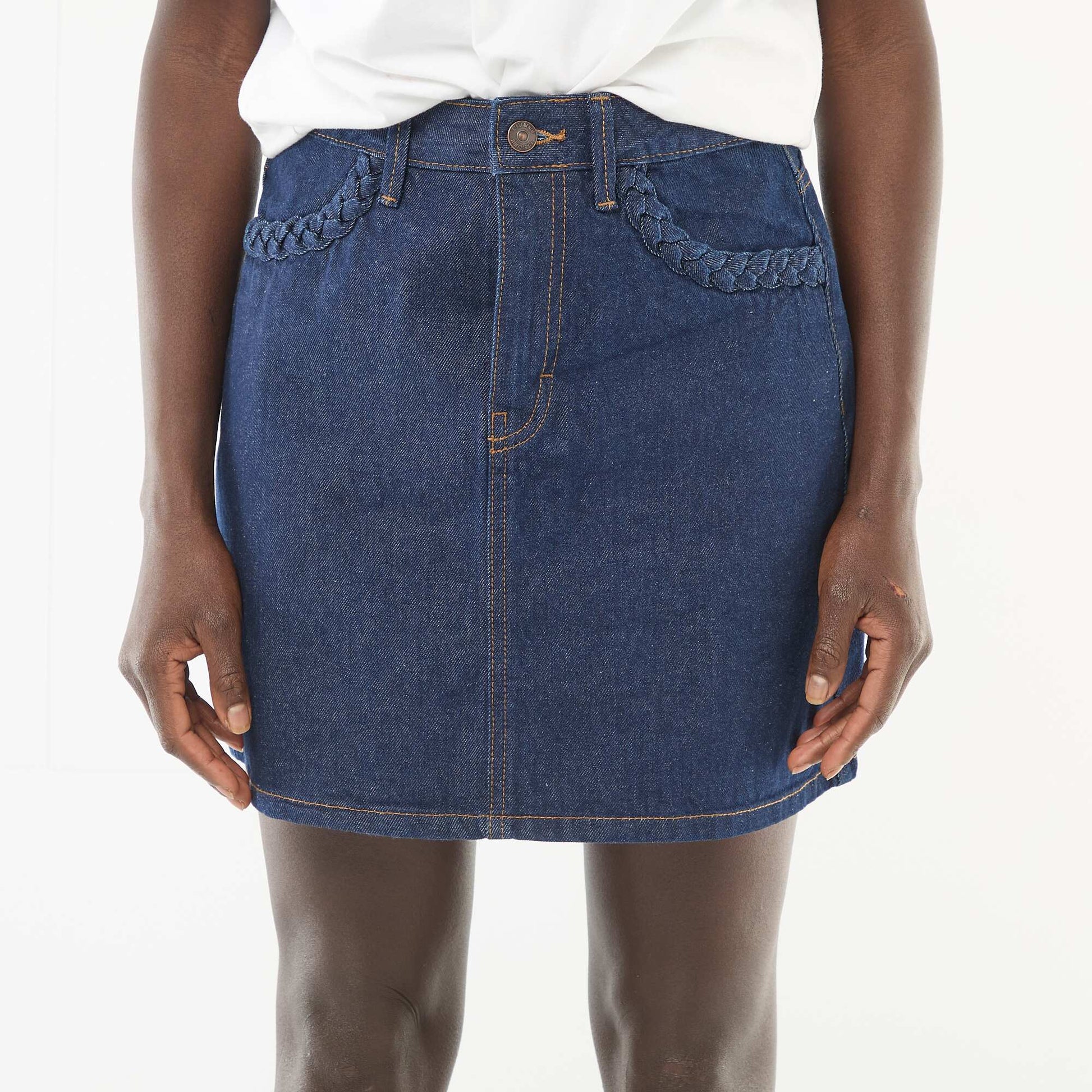 Braided Pocket Denim Skirt BLUE