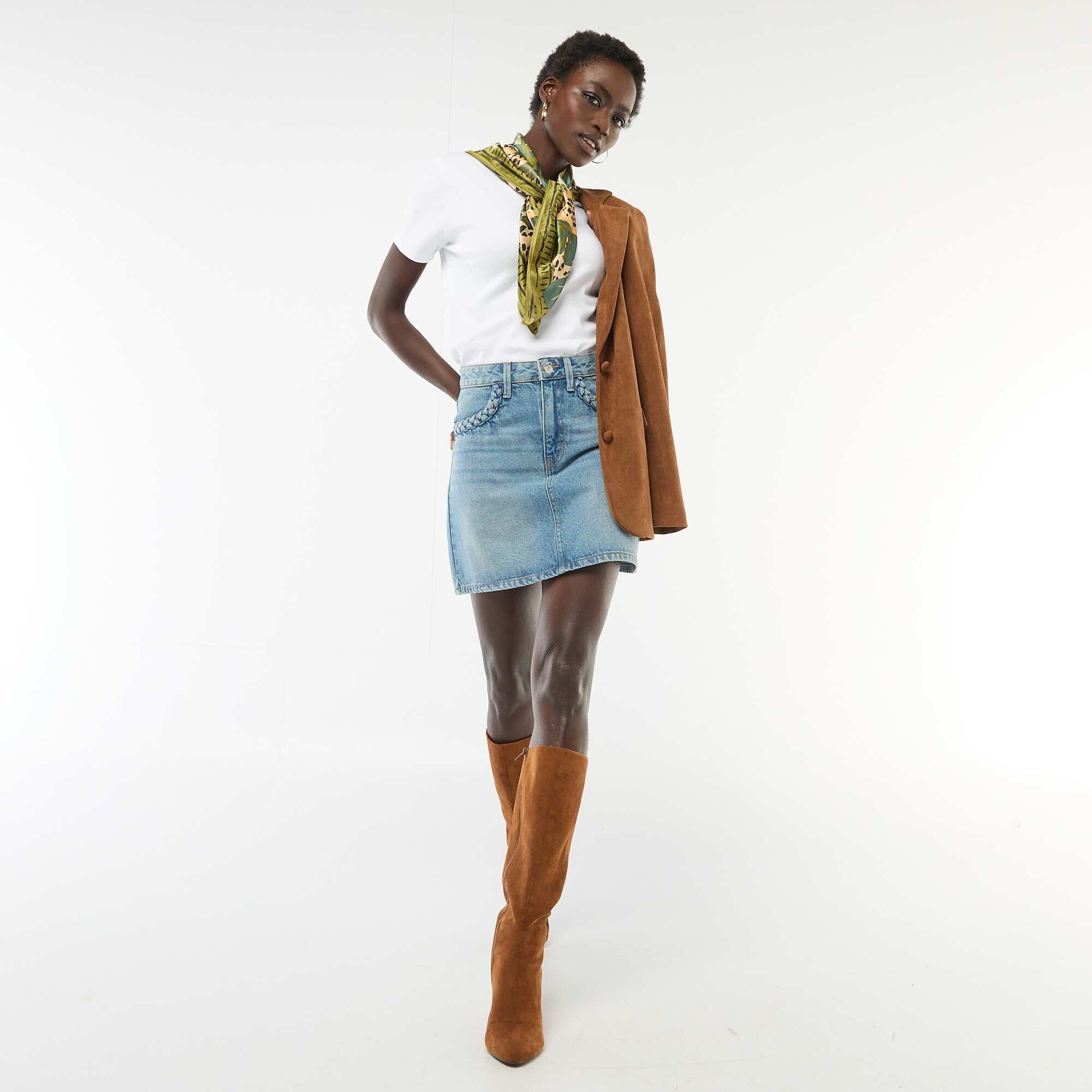 Braided Pocket Denim Skirt BLUE