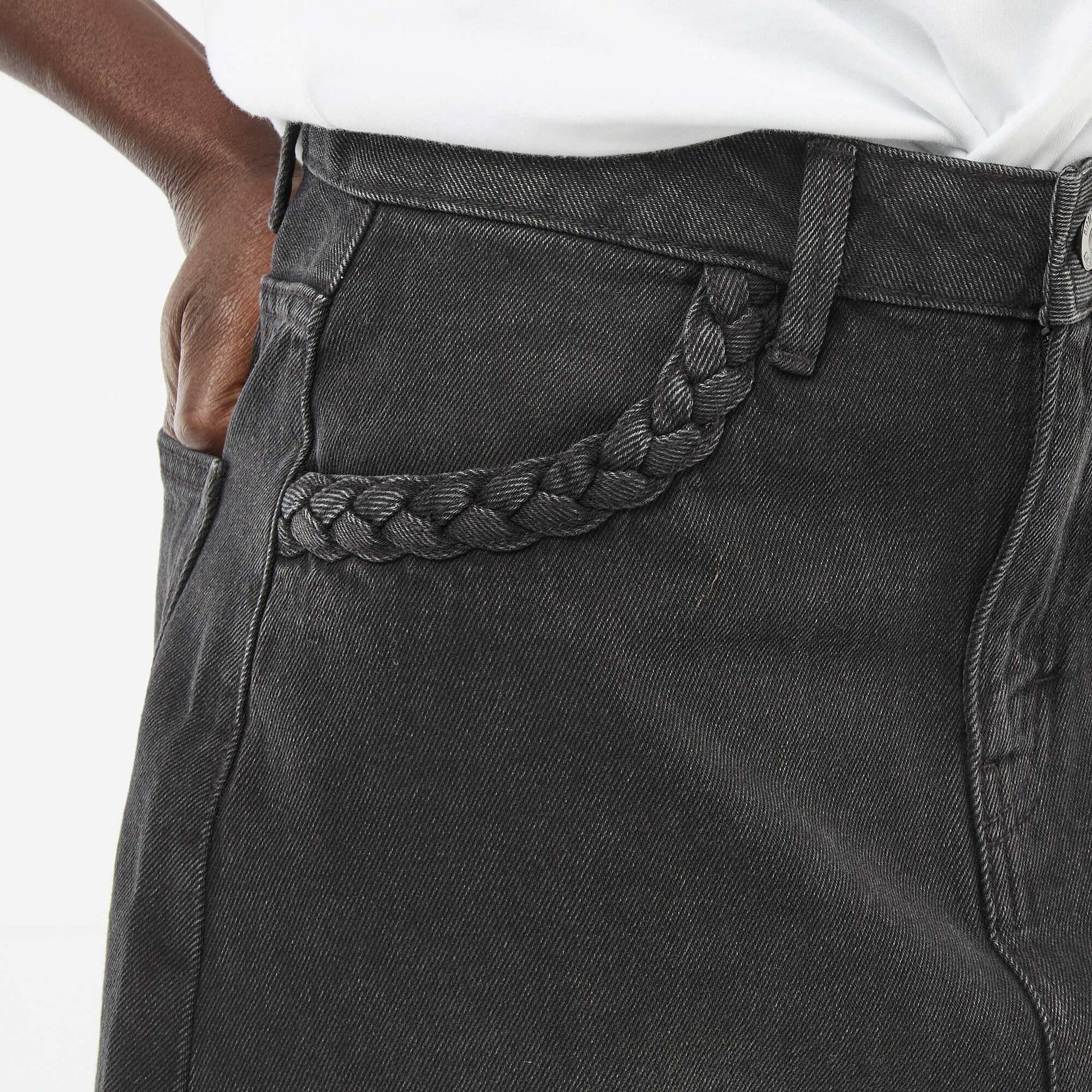 Braided Pocket Denim Skirt BLACK