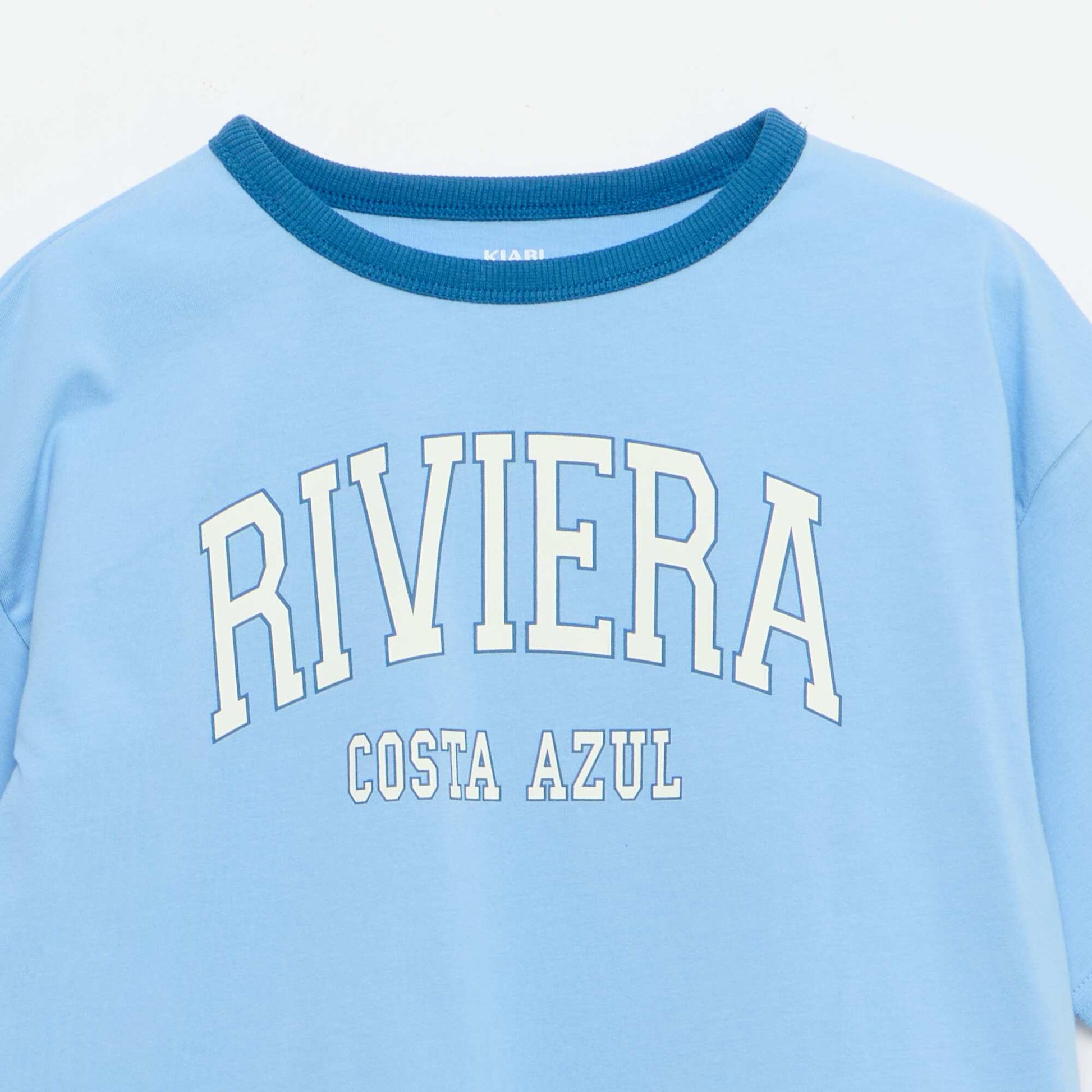 Short-Sleeve Patterned T-Shirt with Contrasting Trim BLUE