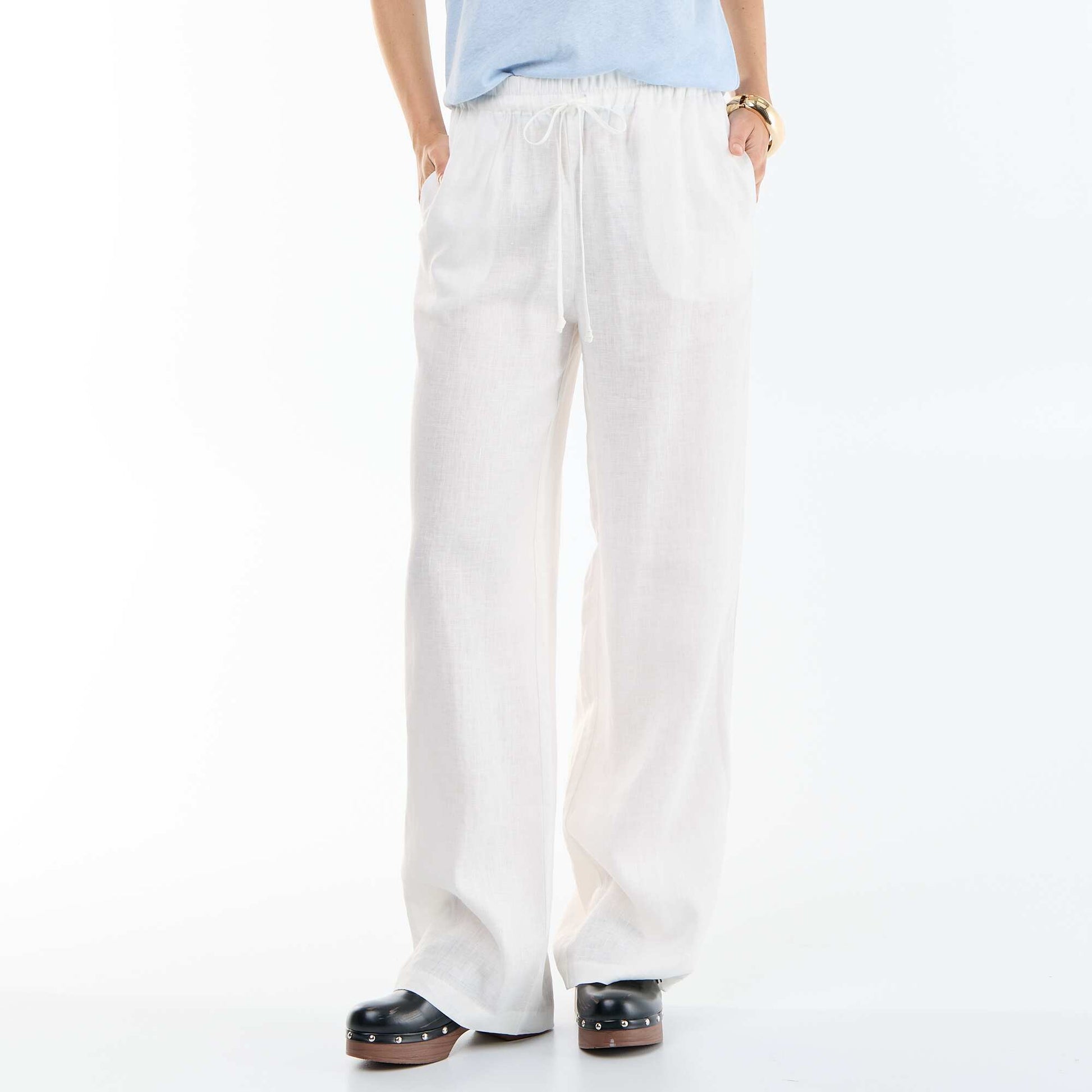 Plain Wide-Leg Linen Trousers WHITE