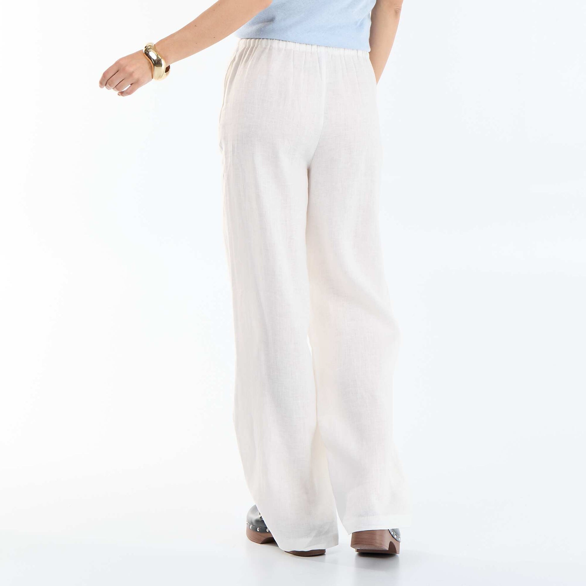 Plain Wide-Leg Linen Trousers WHITE