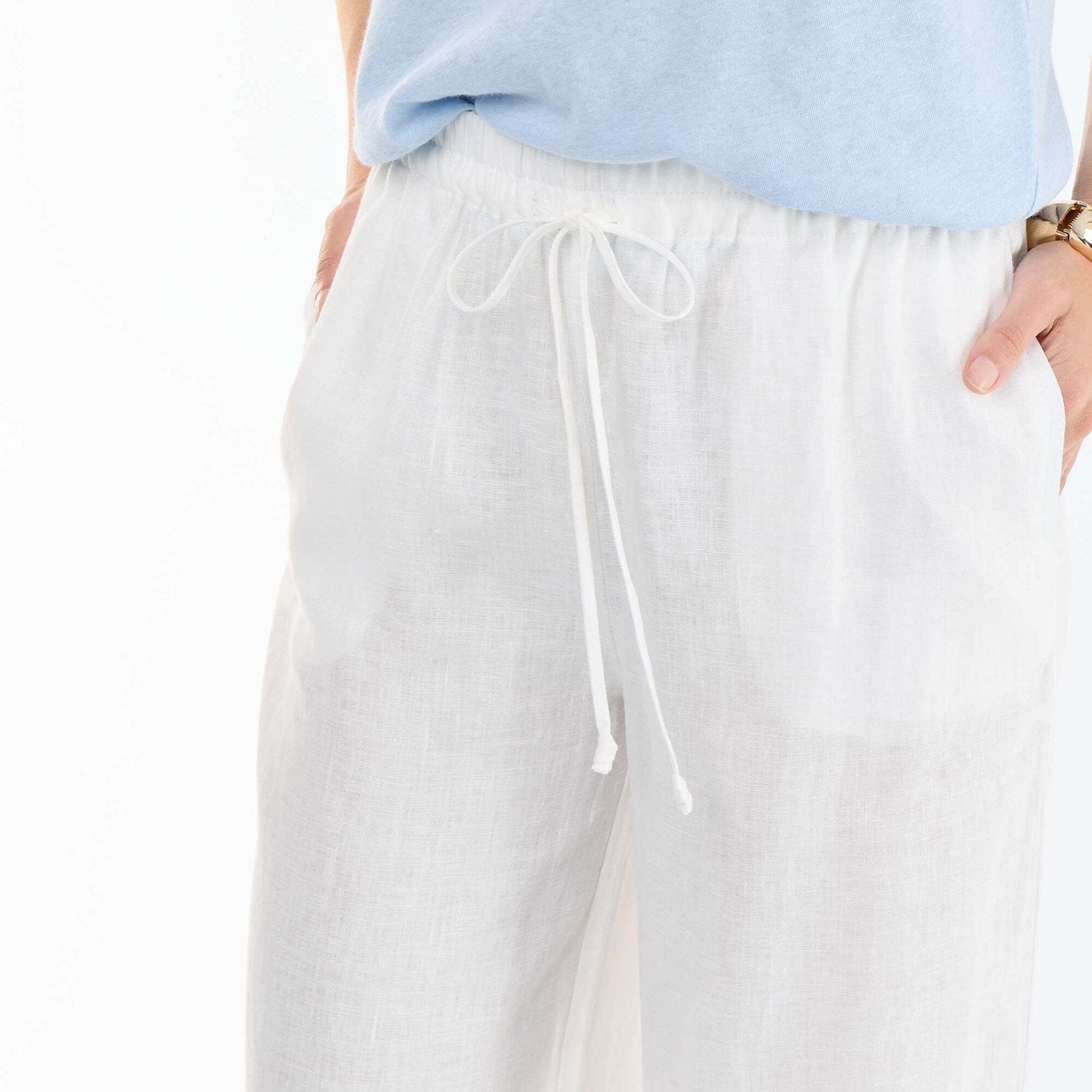 Plain Wide-Leg Linen Trousers WHITE