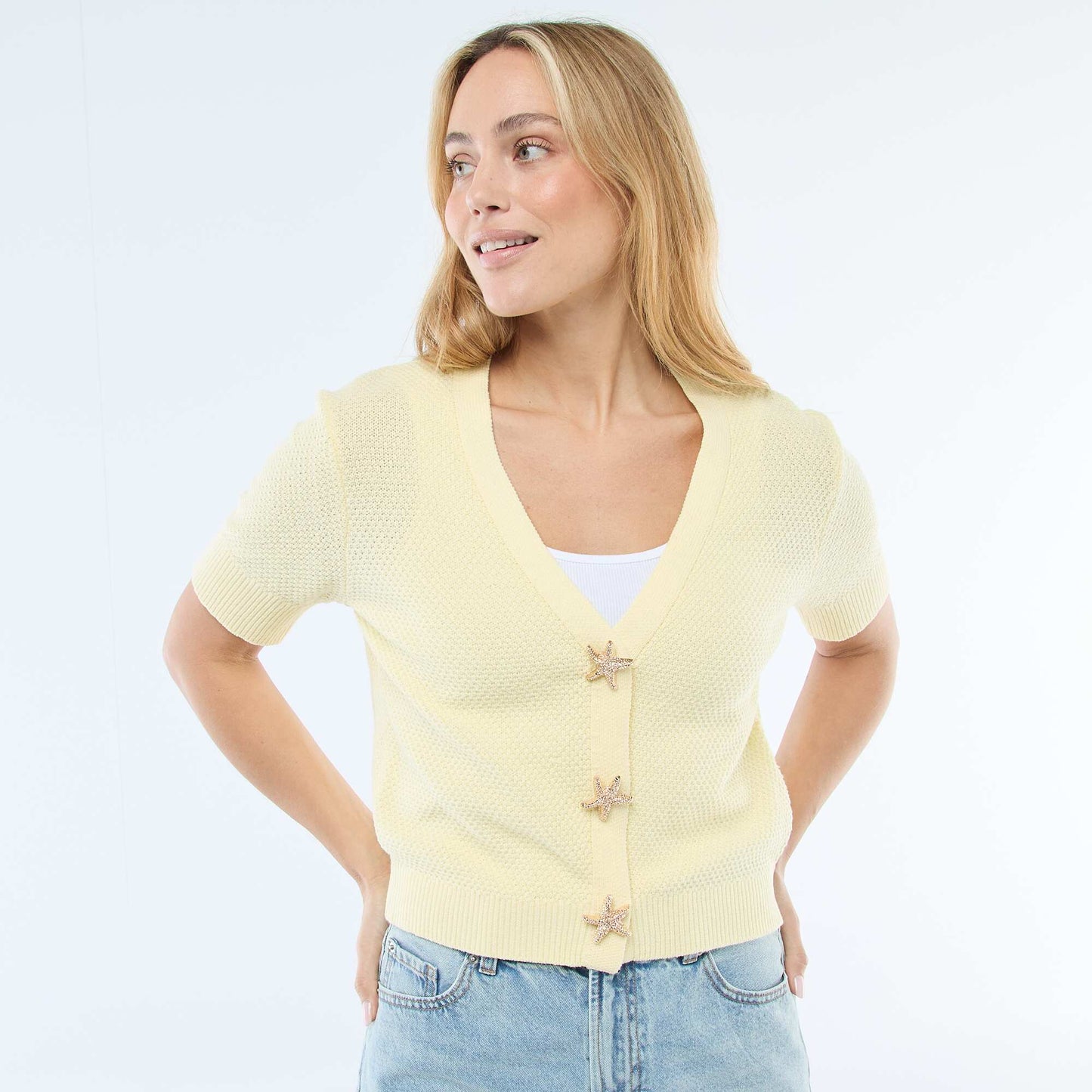 Short-Sleeved Cardigan with Decorative Buttons YELLOW