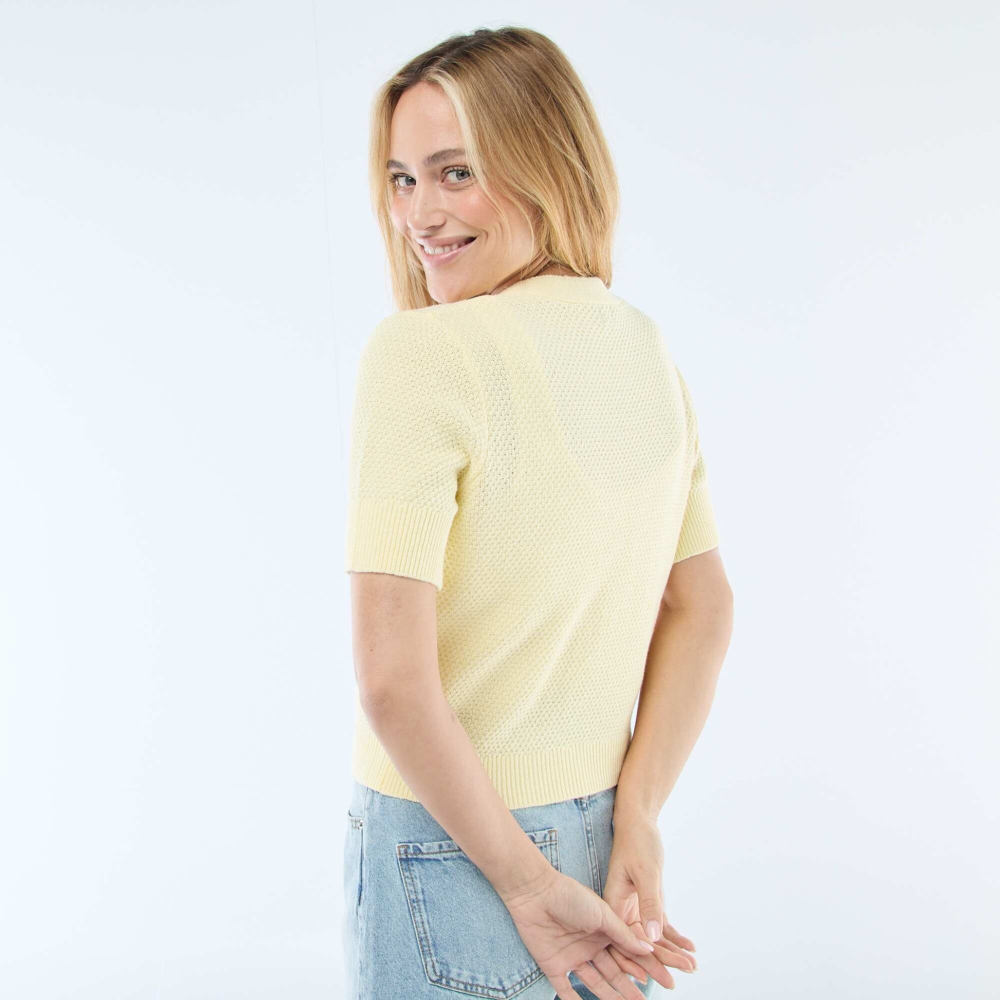 Short-Sleeved Cardigan with Decorative Buttons YELLOW