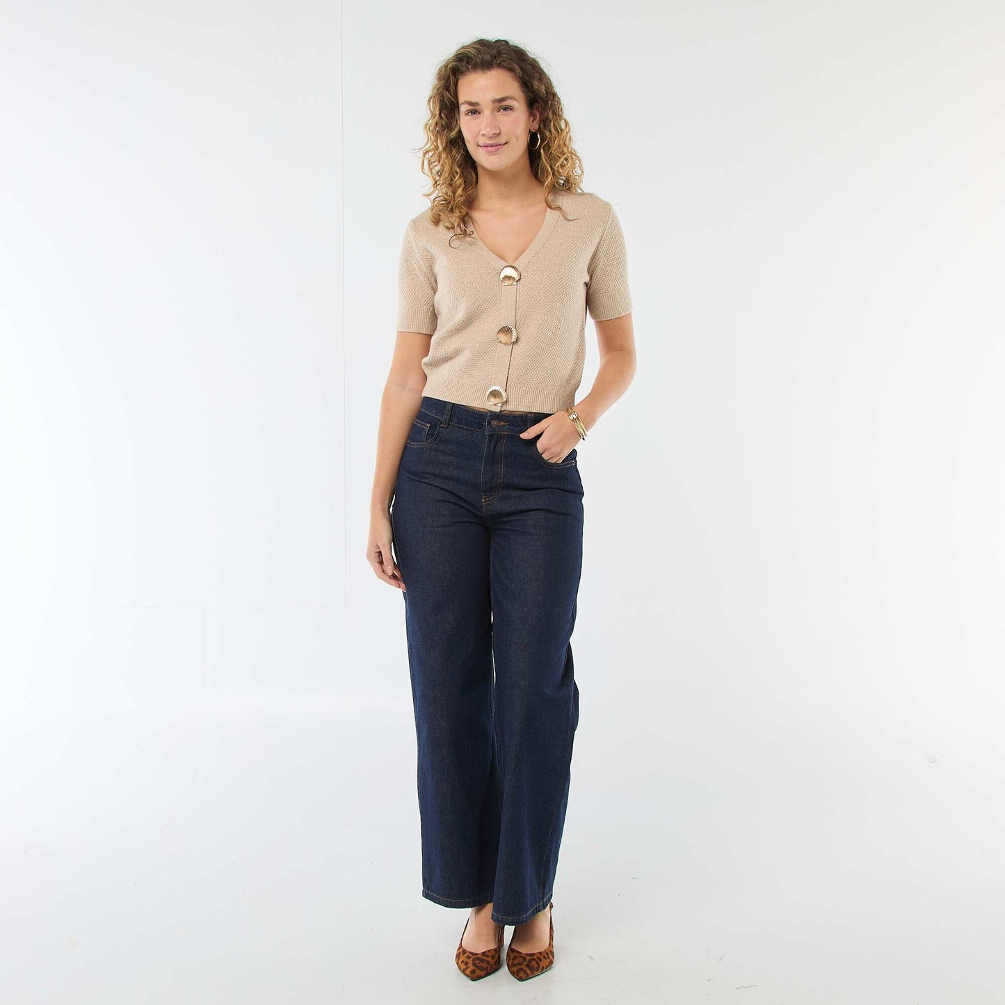 Short-Sleeved Cardigan with Decorative Buttons BEIGE