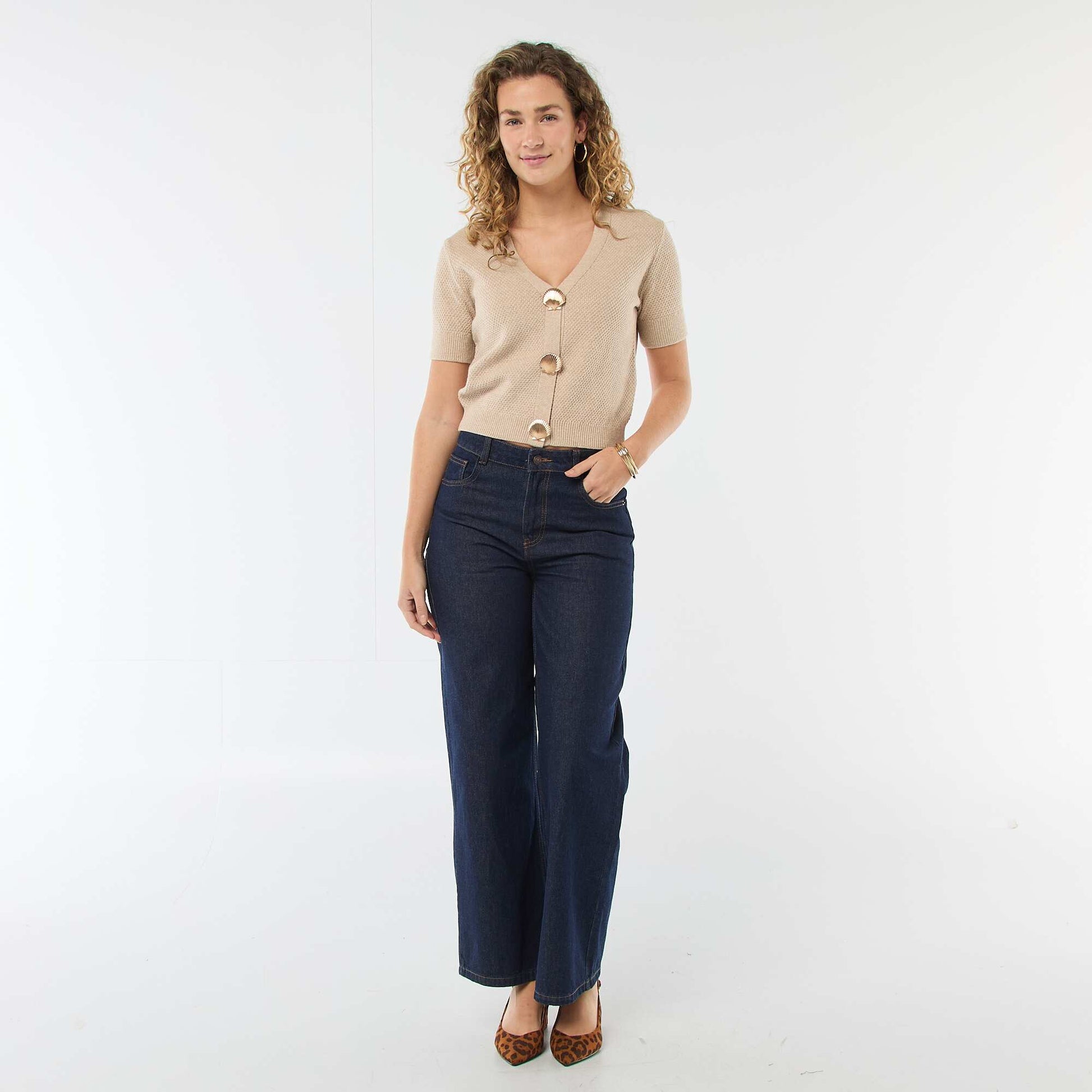 Short-Sleeved Cardigan with Decorative Buttons BEIGE