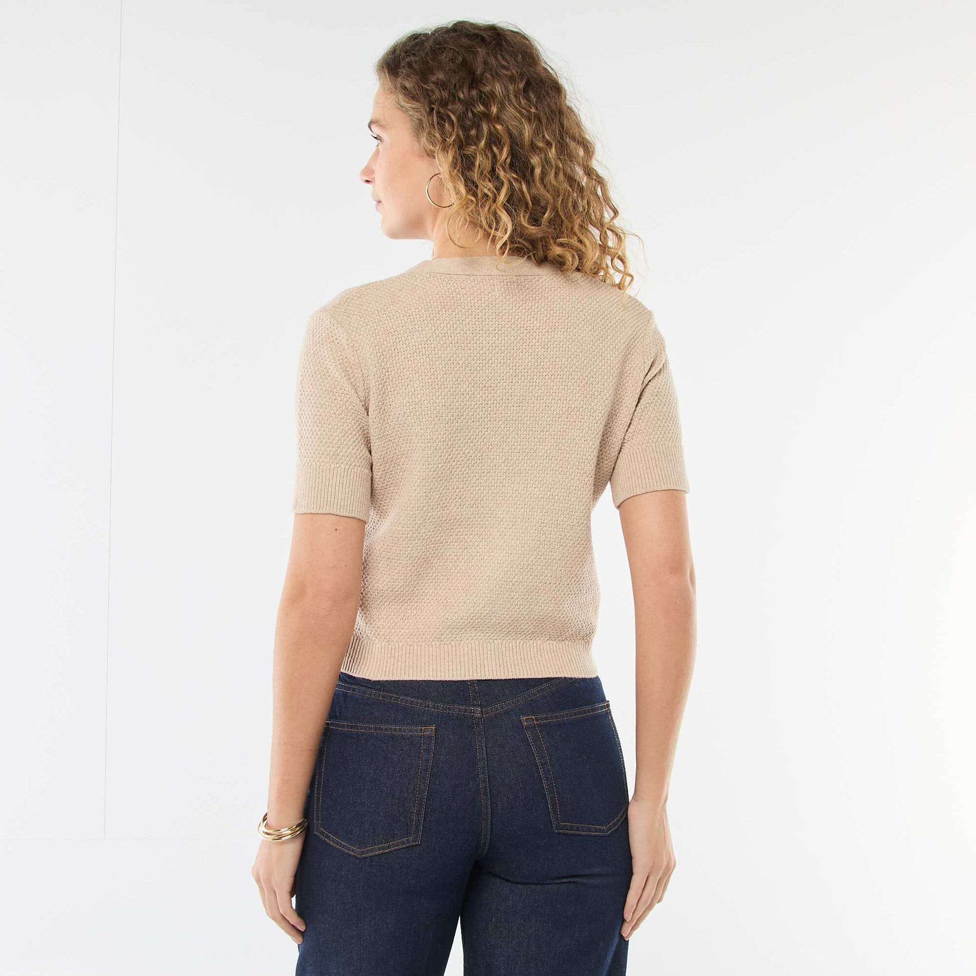 Short-Sleeved Cardigan with Decorative Buttons BEIGE