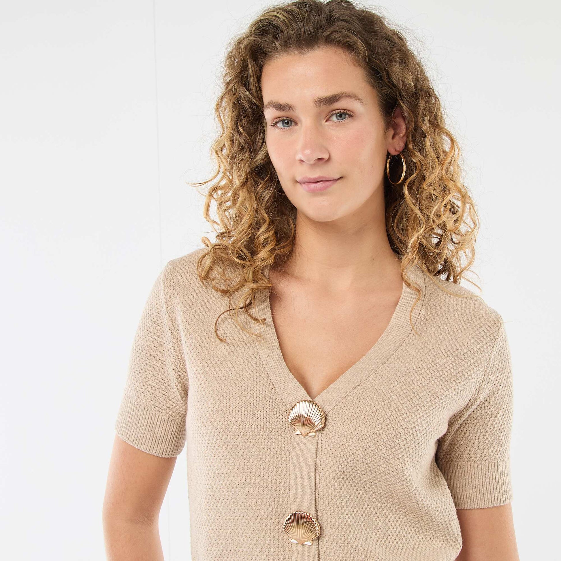 Short-Sleeved Cardigan with Decorative Buttons BEIGE