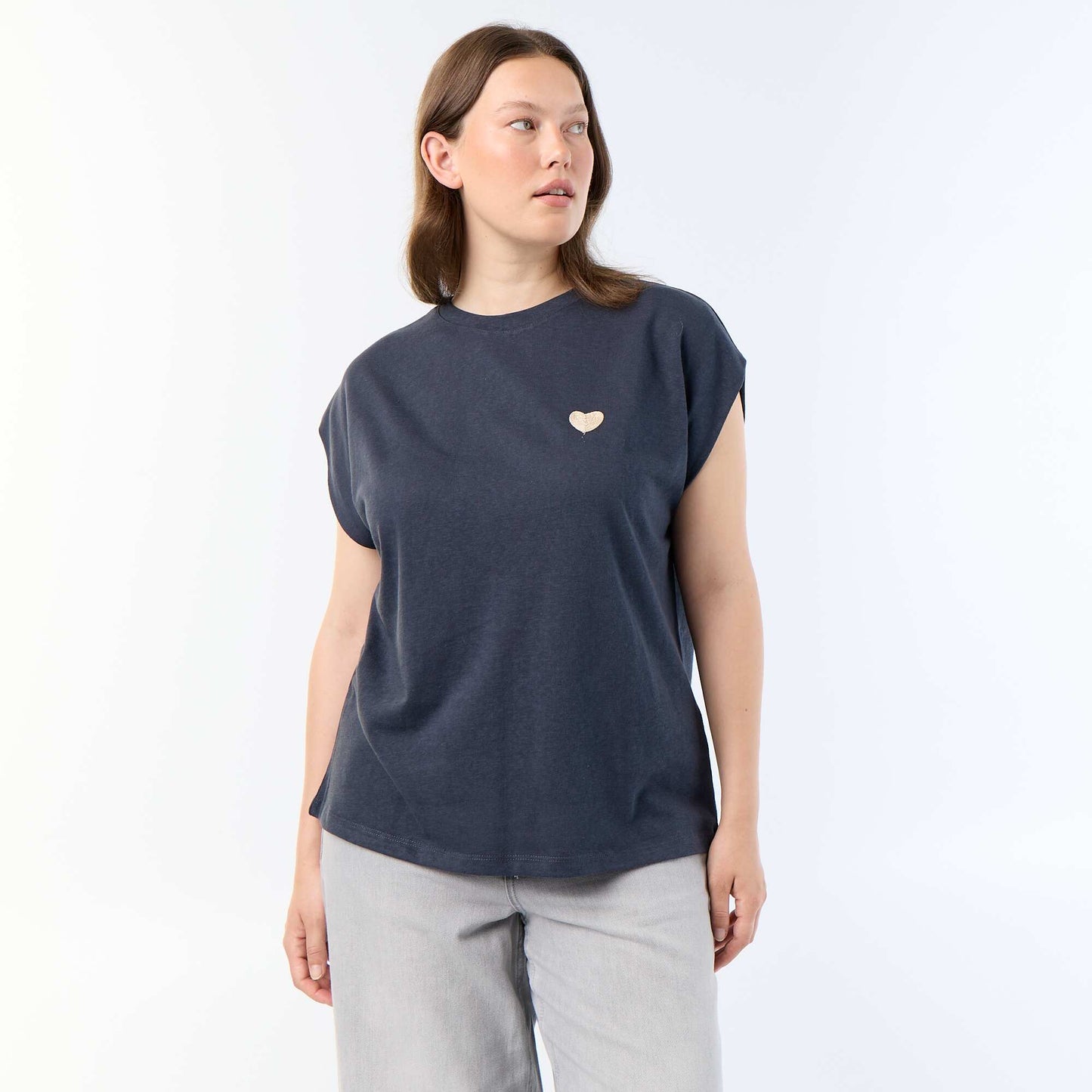 Sleeveless jersey t-shirt with small chest embroidery BLUE
