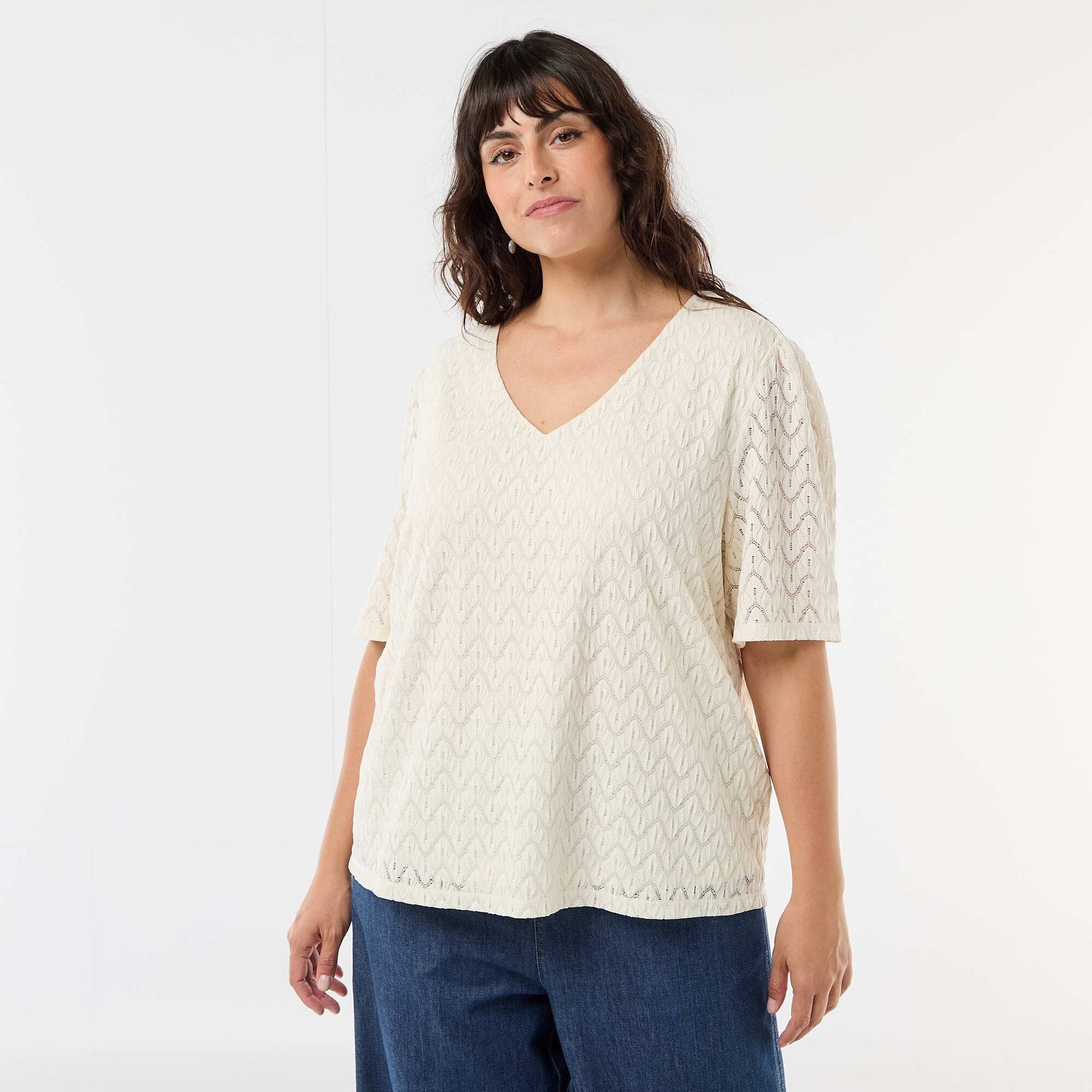 Lace Knit T-Shirt BEIGE
