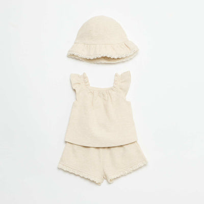 3-piece ribbed knit set - shorts + T-shirt + bucket hat BEIGE