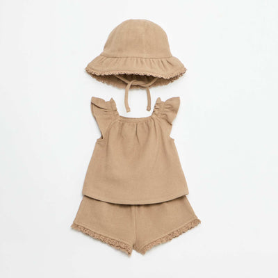 3-piece ribbed knit set - shorts + T-shirt + bucket hat BROWN
