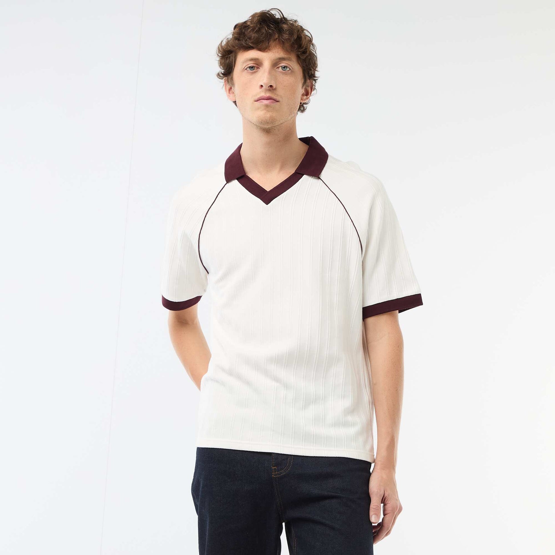 Textured Polo Shirt with Buttonless Polo Collar WHITE