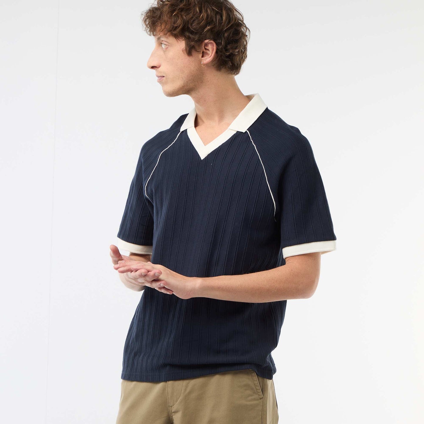 Textured Polo Shirt with Buttonless Polo Collar BLUE