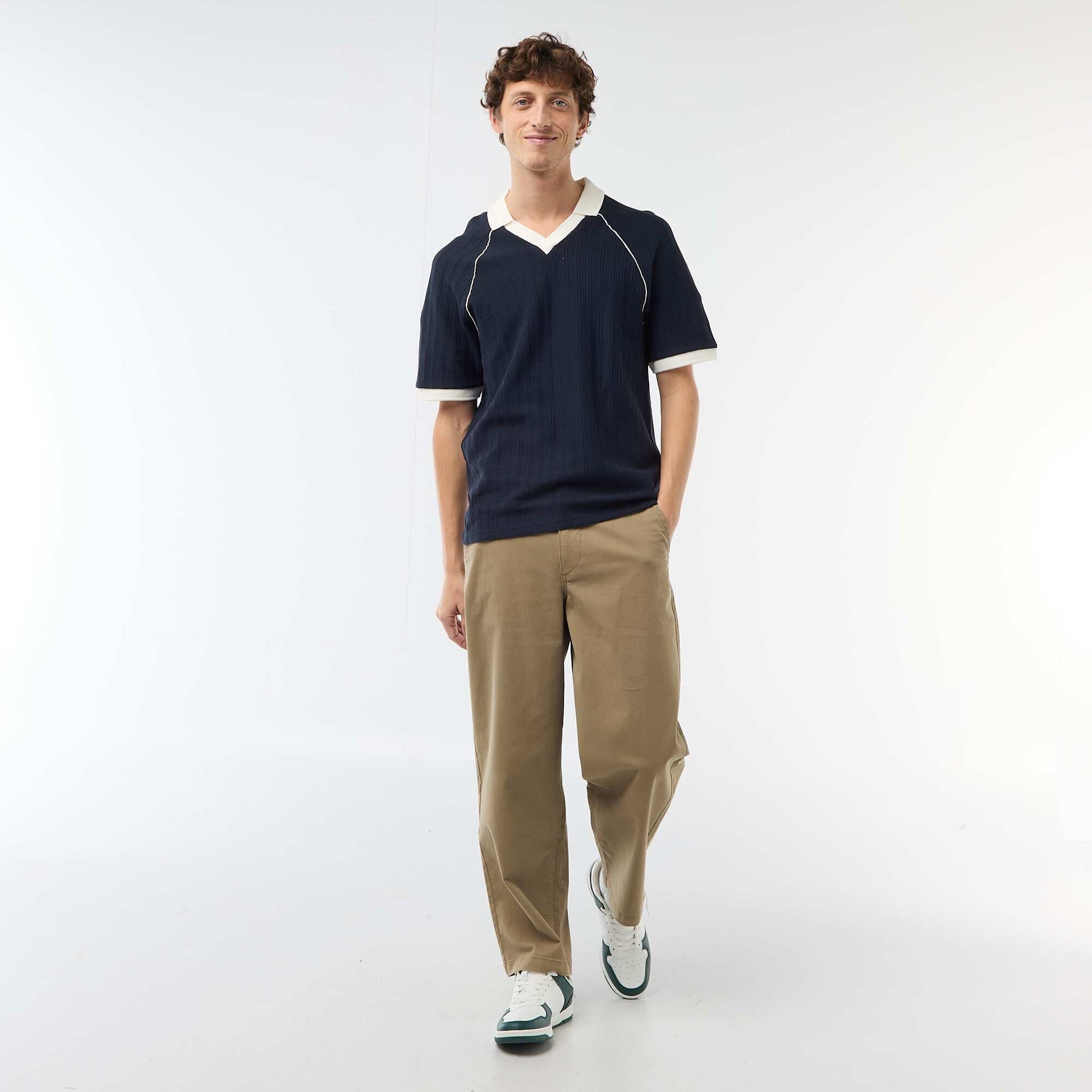 Textured Polo Shirt with Buttonless Polo Collar BLUE