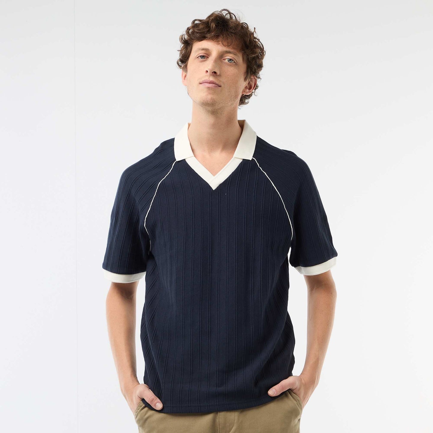 Textured Polo Shirt with Buttonless Polo Collar BLUE