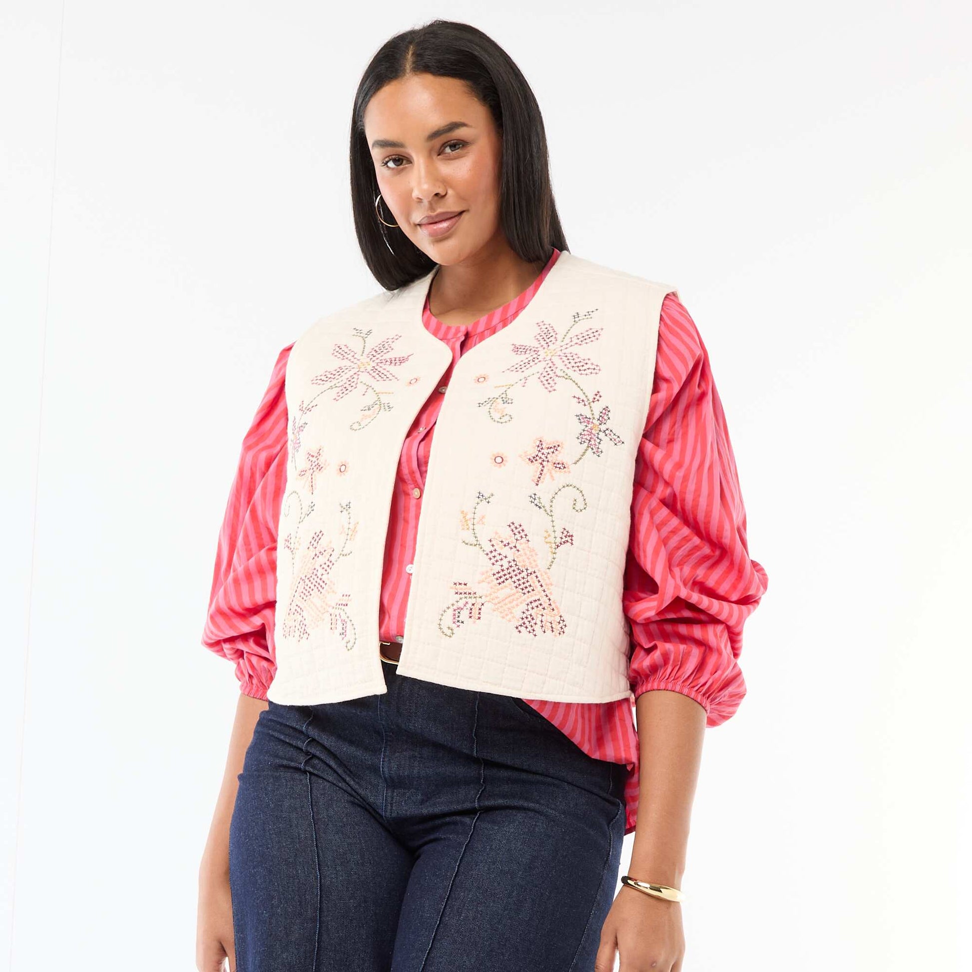 Quilted Vest with Embroidery BEIGE