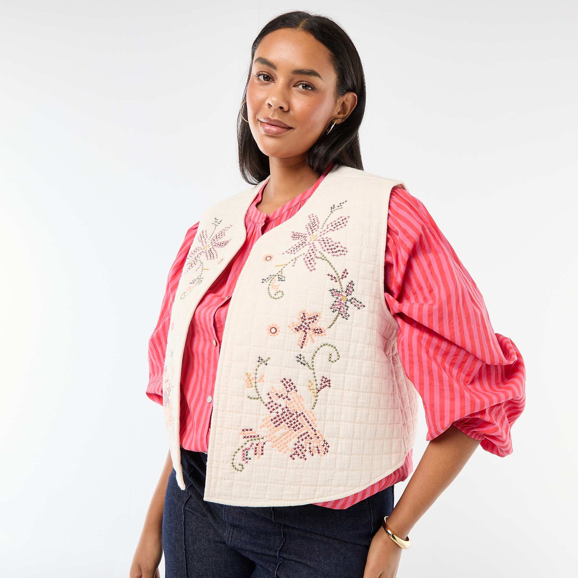 Quilted Vest with Embroidery BEIGE