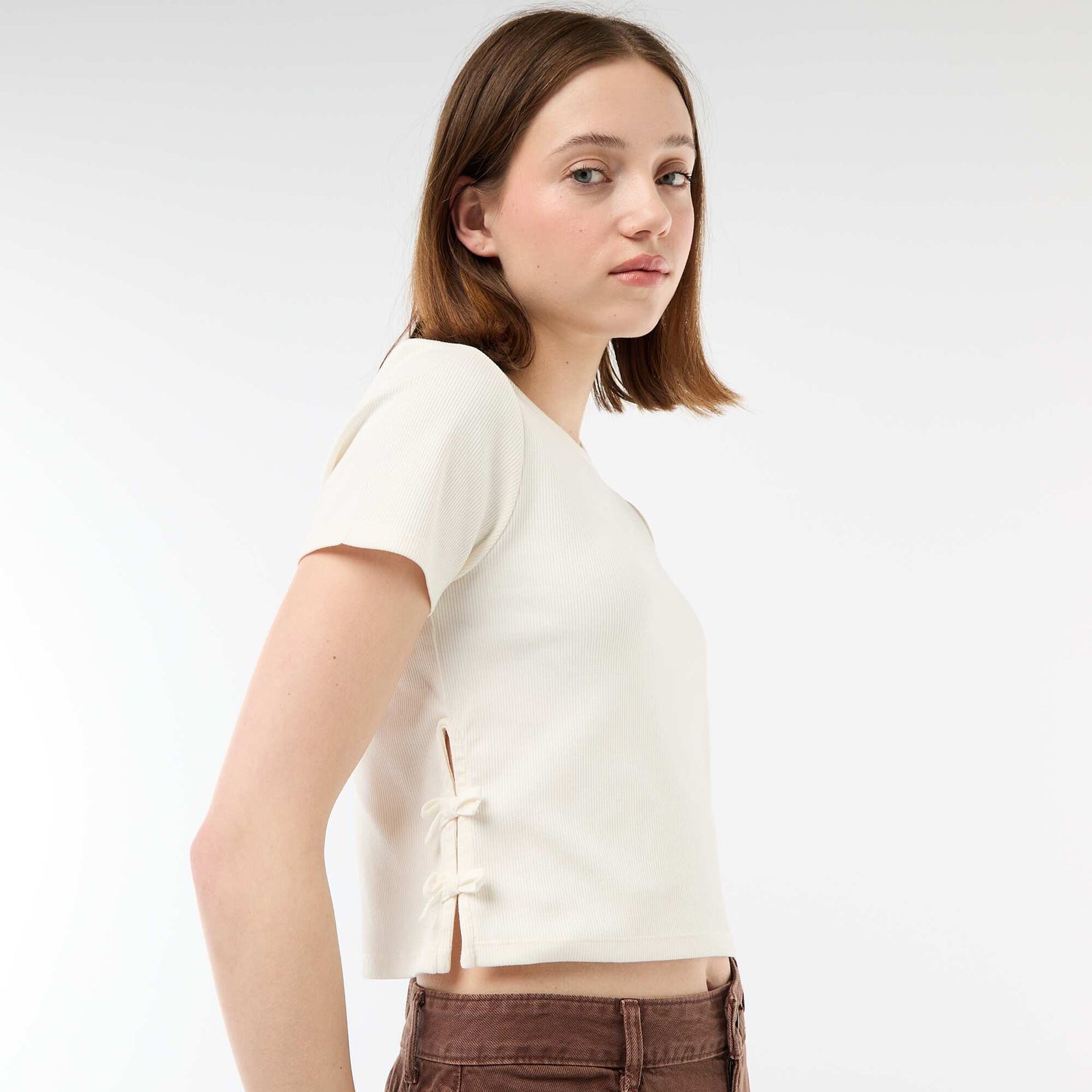 Ribbed Cropped T-shirt with Knots WHITE