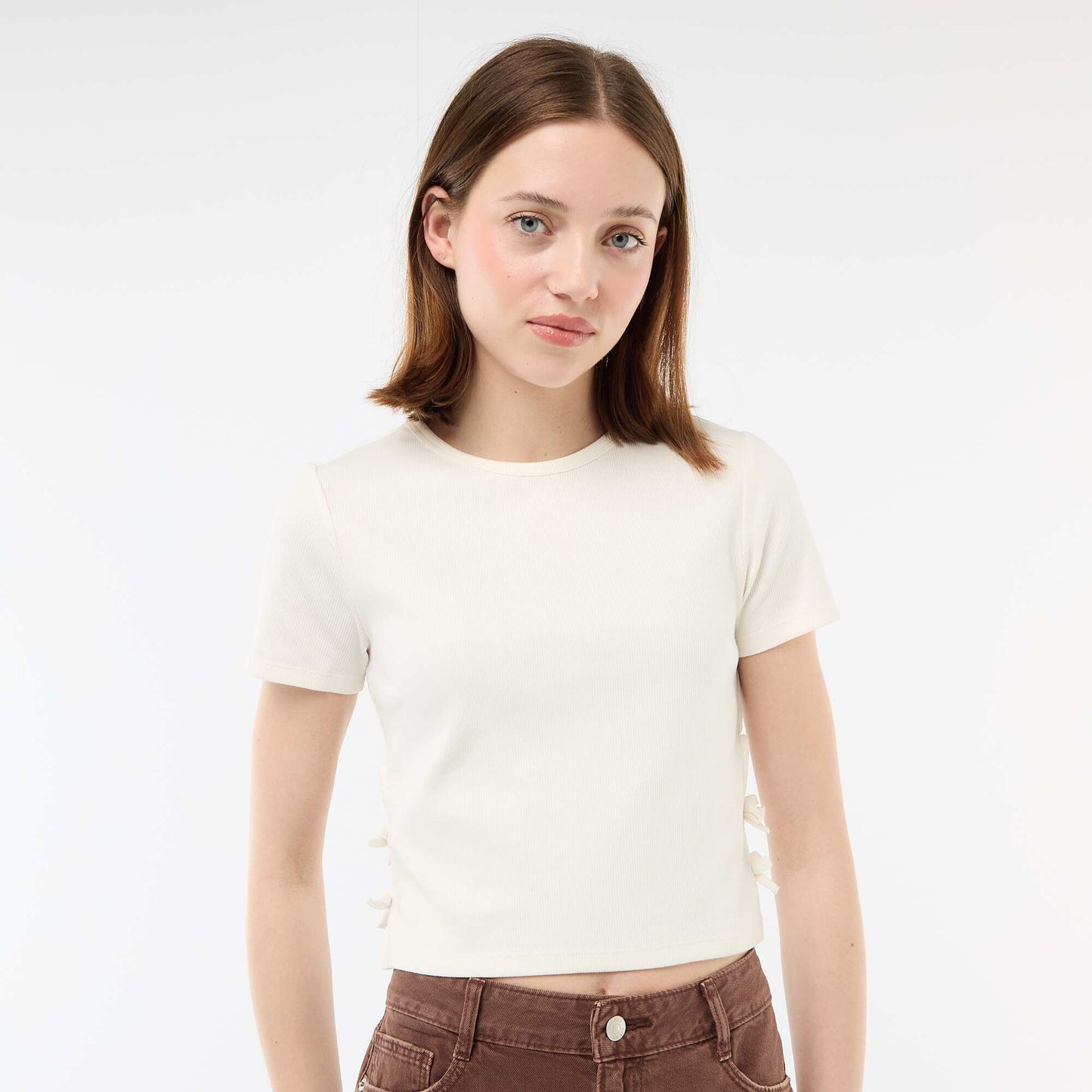 Ribbed Cropped T-shirt with Knots WHITE