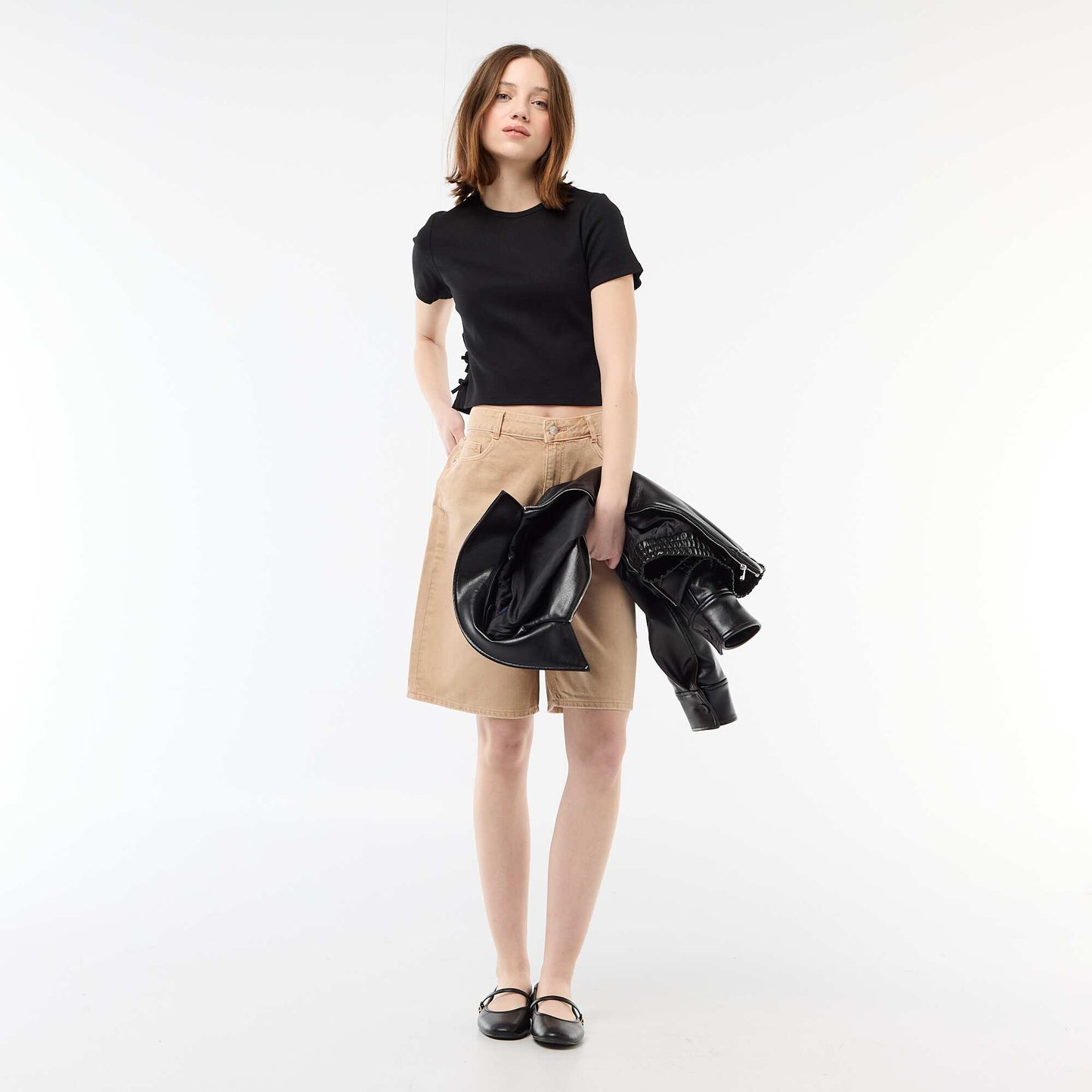 Ribbed Cropped T-shirt with Knots BLACK