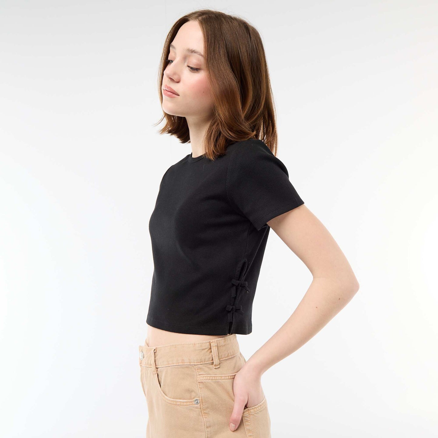 Ribbed Cropped T-shirt with Knots BLACK