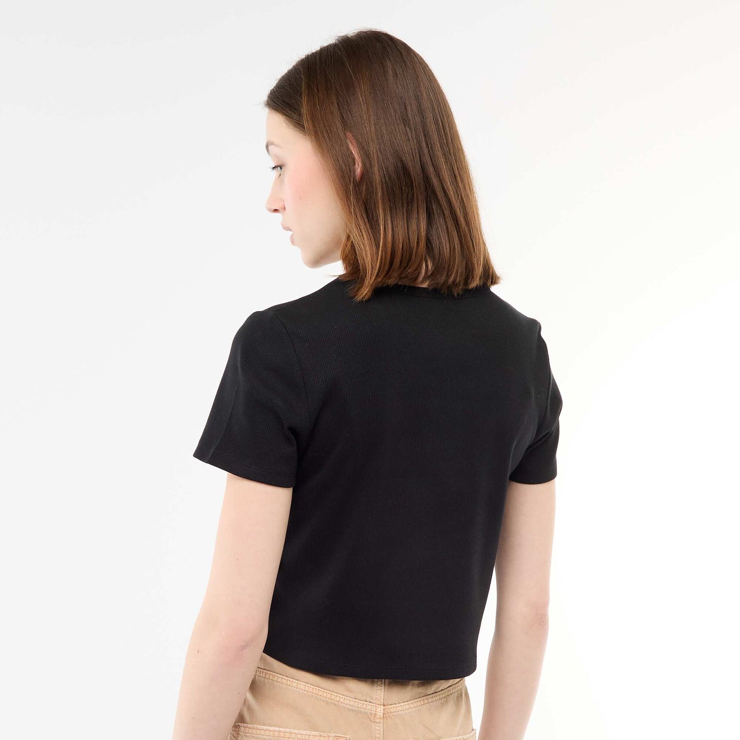 Ribbed Cropped T-shirt with Knots BLACK