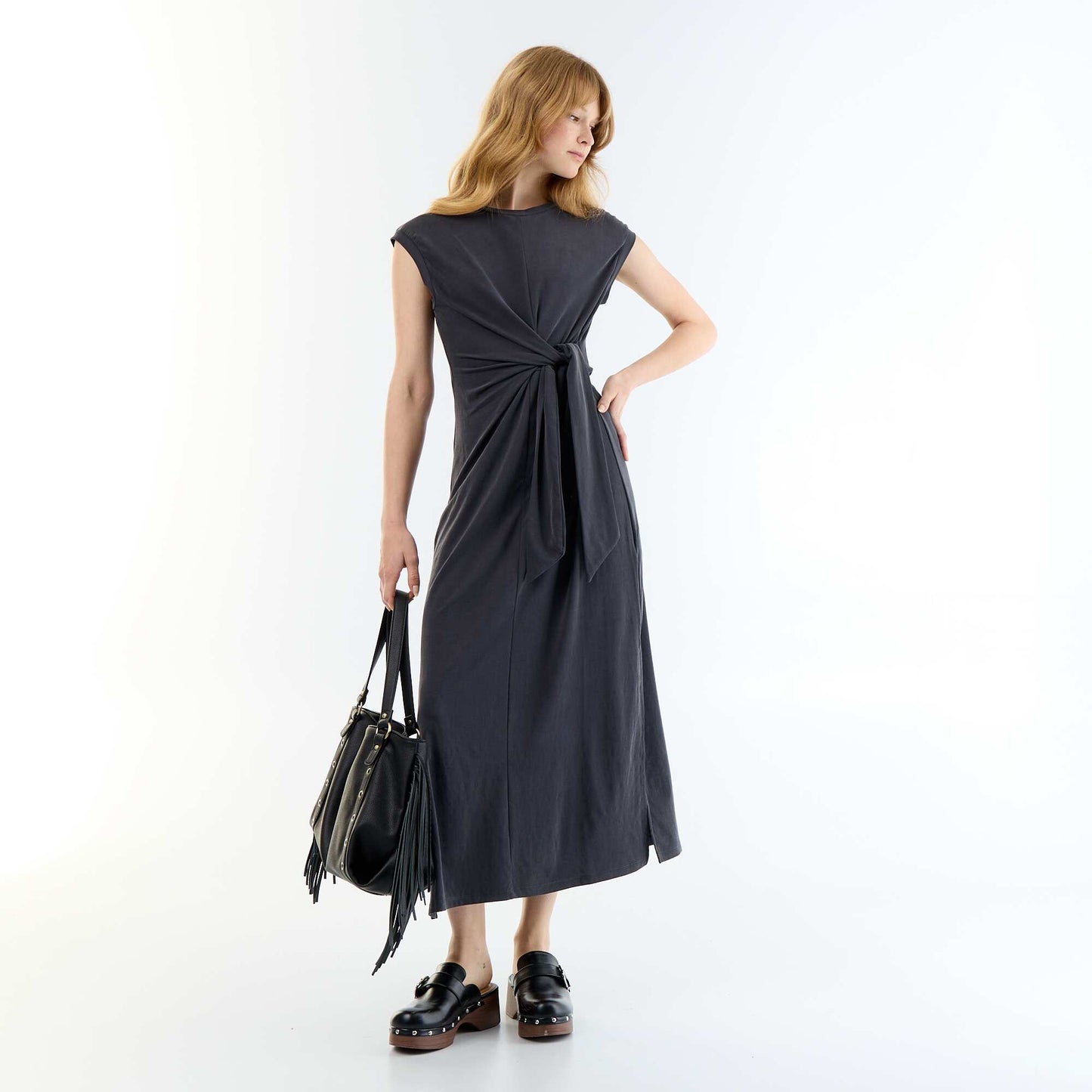 Long Tie-Waist Dress BLACK
