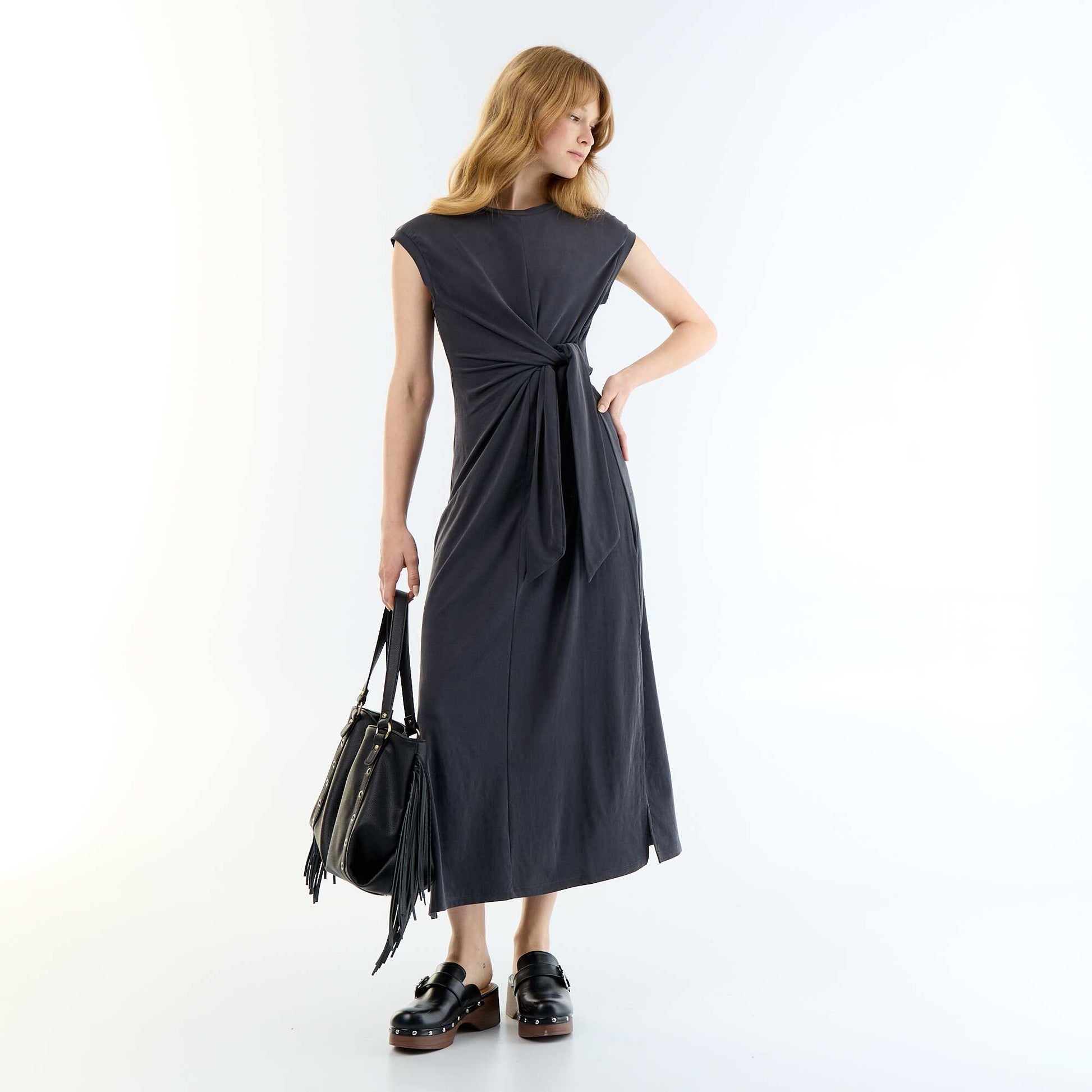 Long Tie-Waist Dress BLACK
