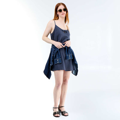 Short dress with thin adjustable straps BLUE