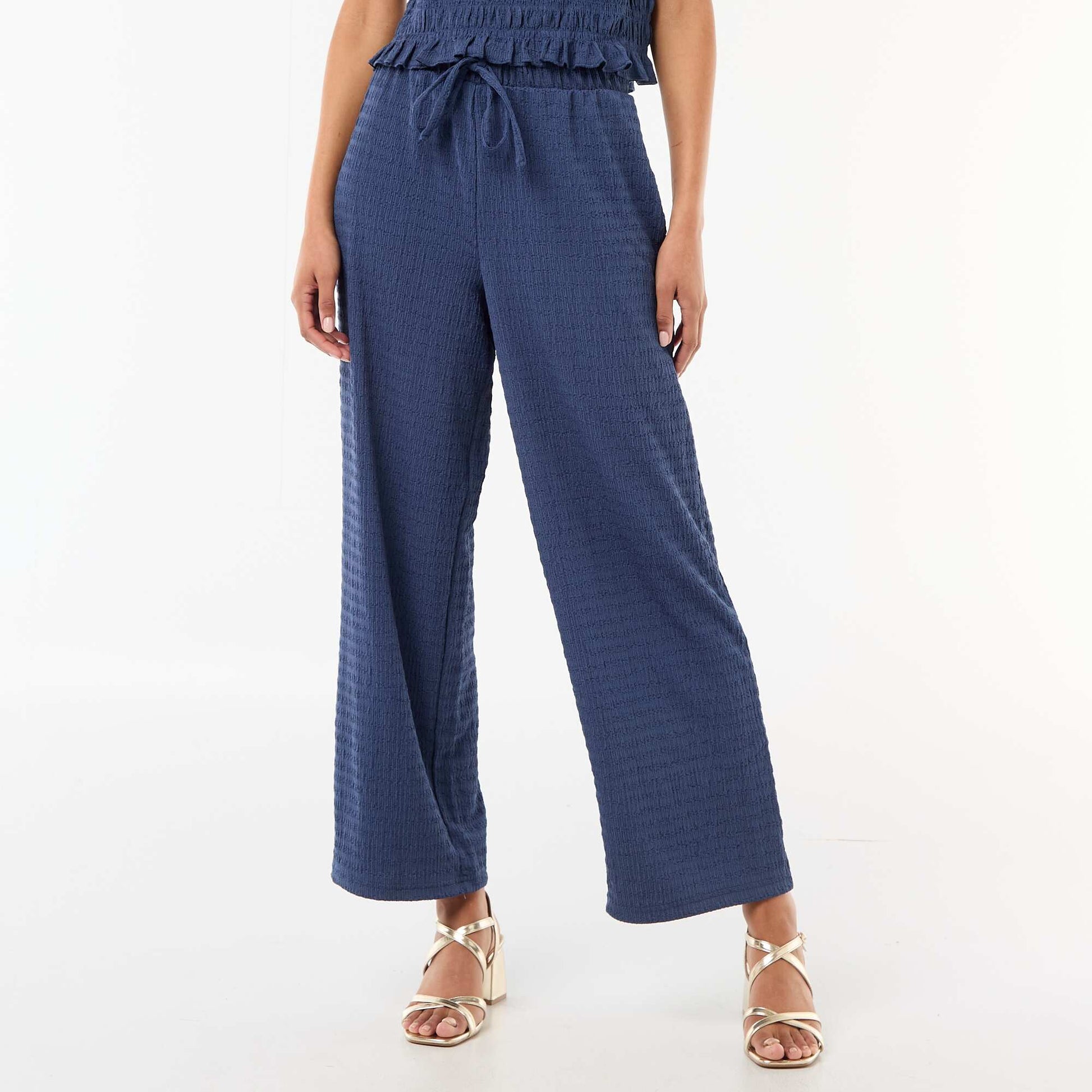 Smocked Knit Wide-Leg Trousers BLUE